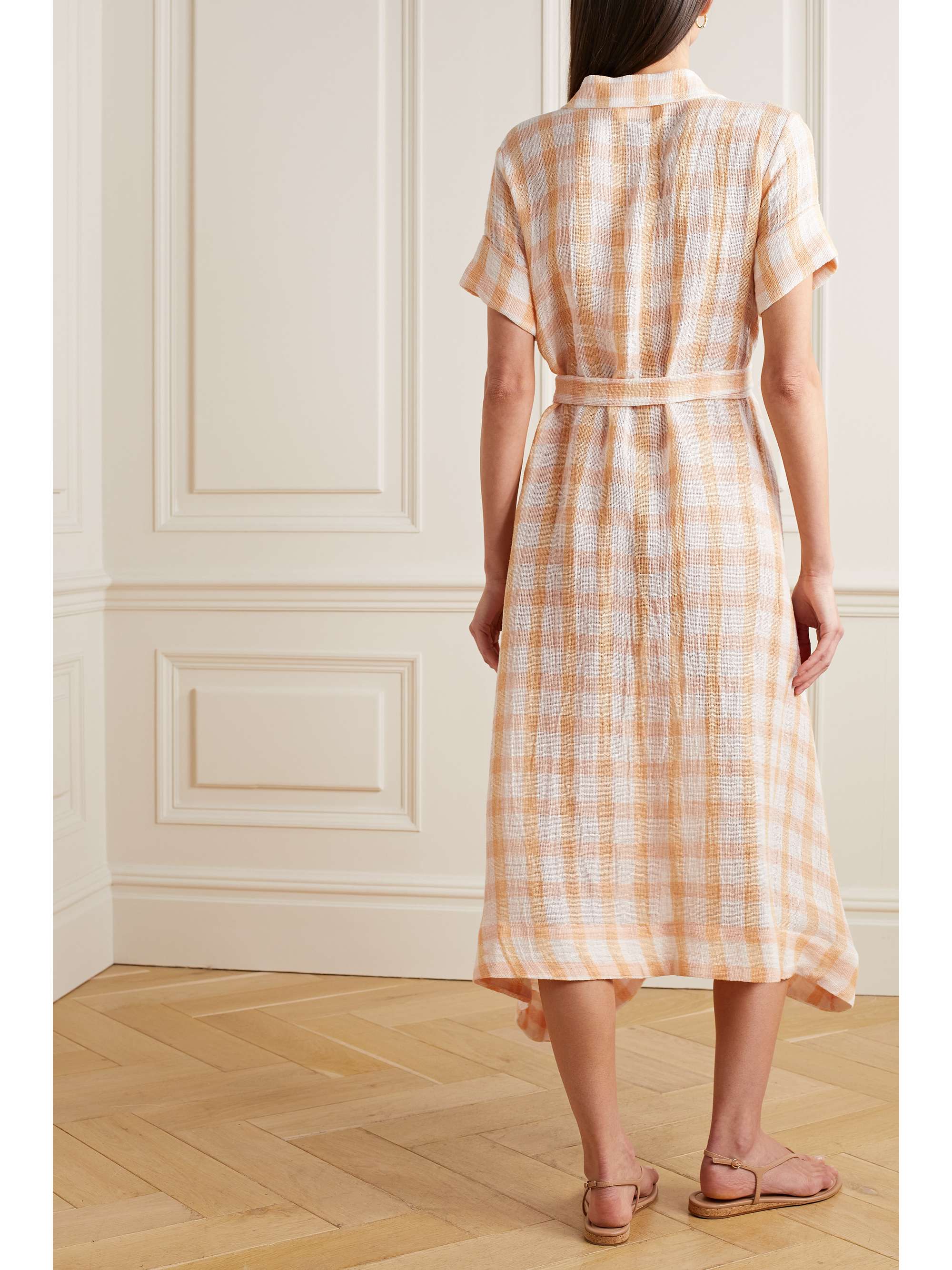 LISA MARIE FERNANDEZ Belted checked linen-blend gauze midi shirt dress