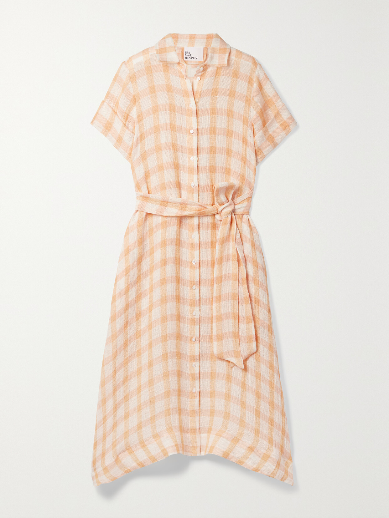 LISA MARIE FERNANDEZ + NET SUSTAIN BELTED CHECKED LINEN-BLEND GAUZE MIDI SHIRT DRESS