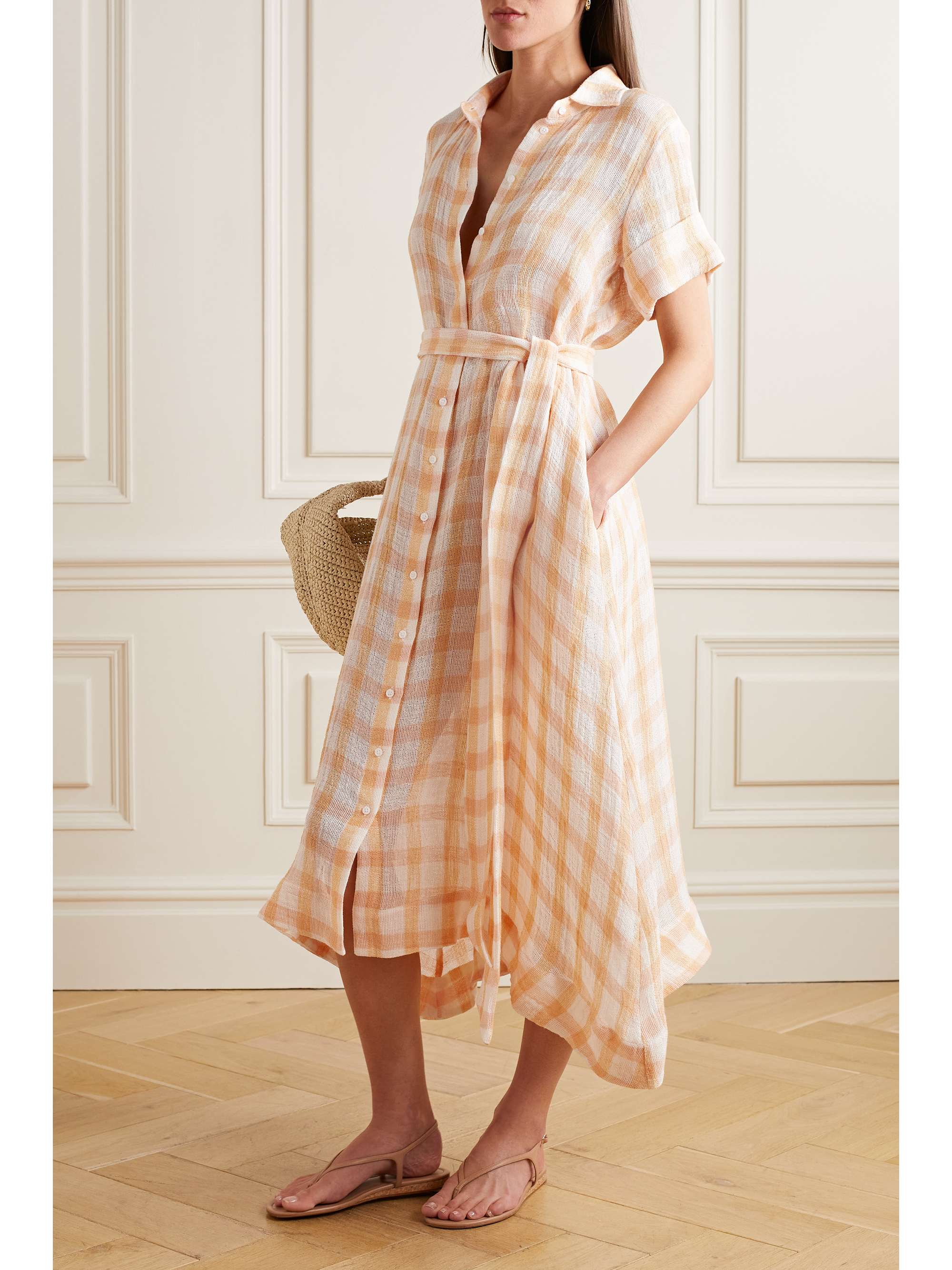 LISA MARIE FERNANDEZ Belted checked linen-blend gauze midi shirt dress