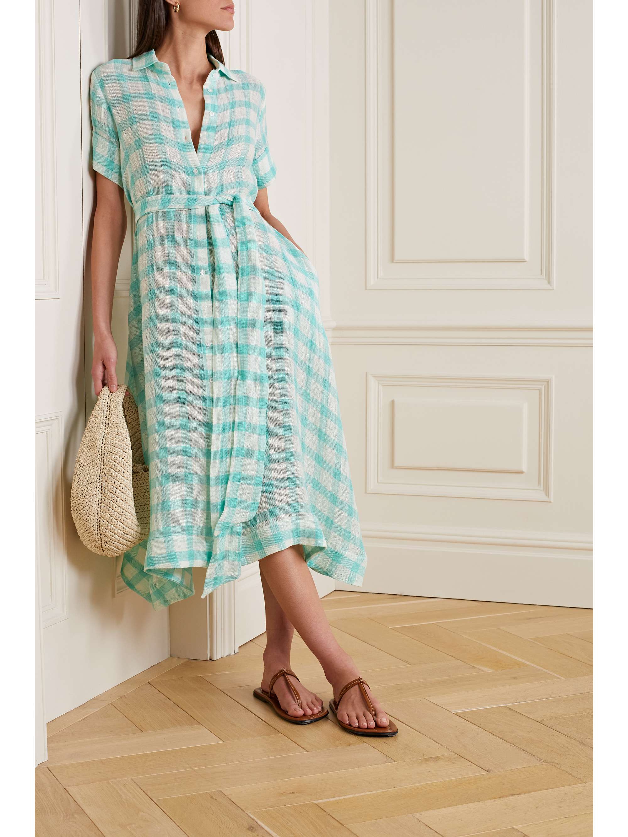 LISA MARIE FERNANDEZ + NET SUSTAIN belted checked linen-blend gauze midi  shirt dress | NET-A-PORTER