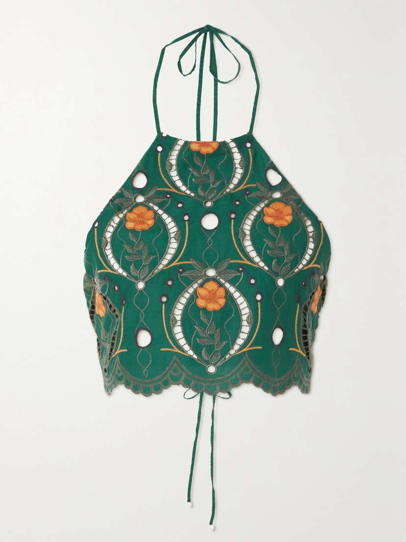 Agua by Agua Bendita + Net Sustain Raquel Cropped Broderie Anglaise Organic Cotton Halterneck Top
