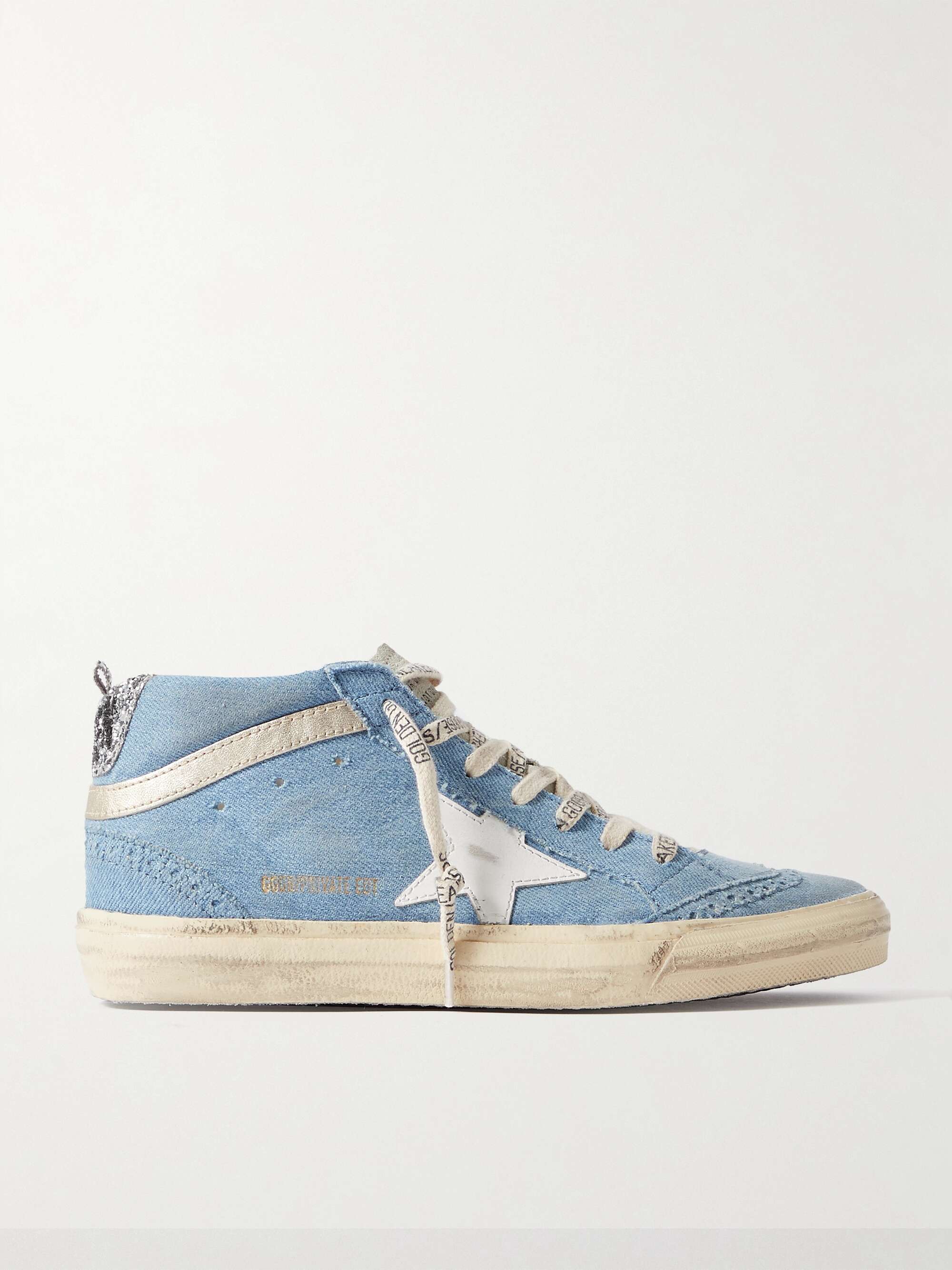 GOLDEN GOOSE Mid Star glittered leather-trimmed distressed denim high-top  sneakers | NET-A-PORTER