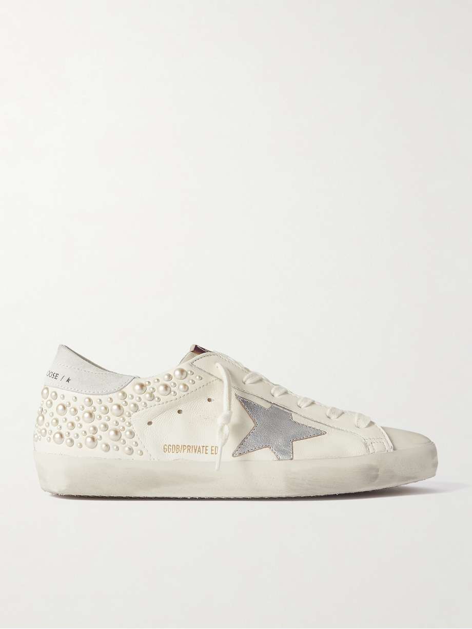 GOLDEN GOOSE Superstar pearlembellished distressed leather sneakers