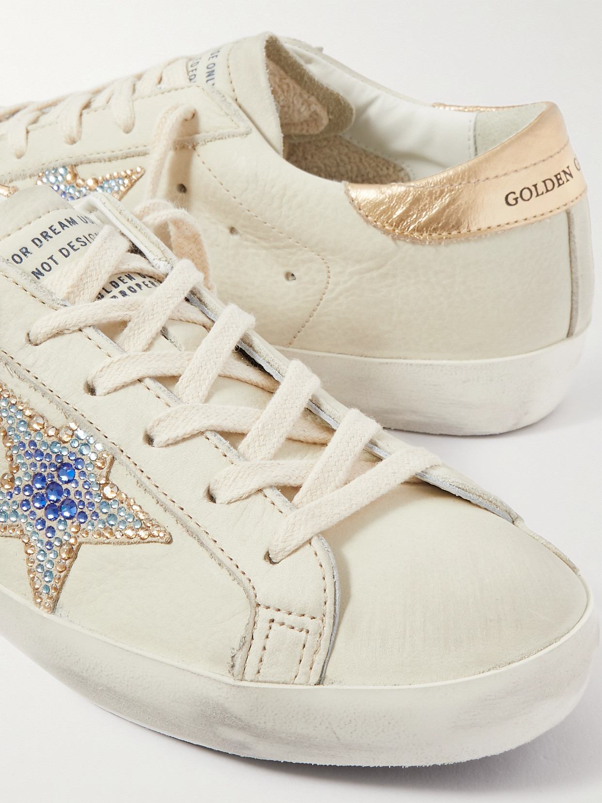 Shop Golden Goose Superstar Crystal-embellished Distressed Leather Sneakers In Off-white