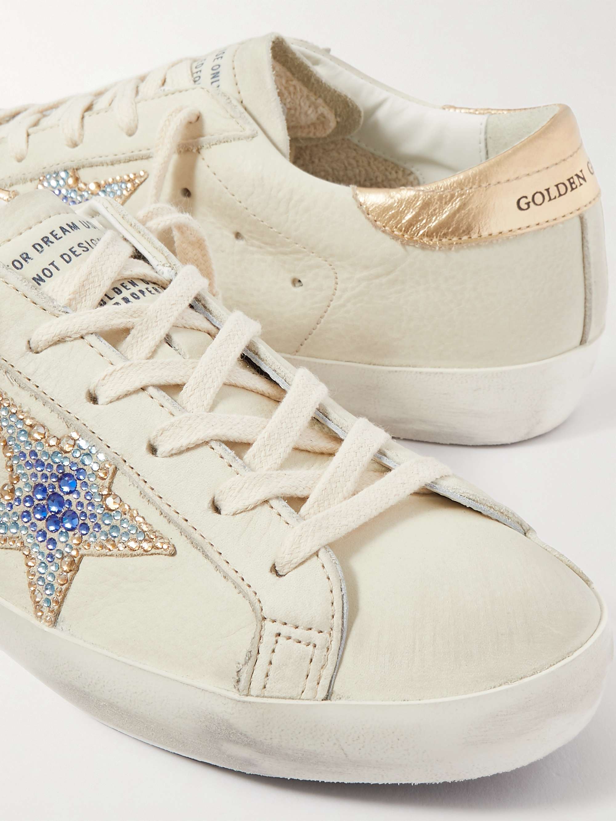 GOLDEN GOOSE Superstar crystal-embellished distressed leather sneakers |  NET-A-PORTER