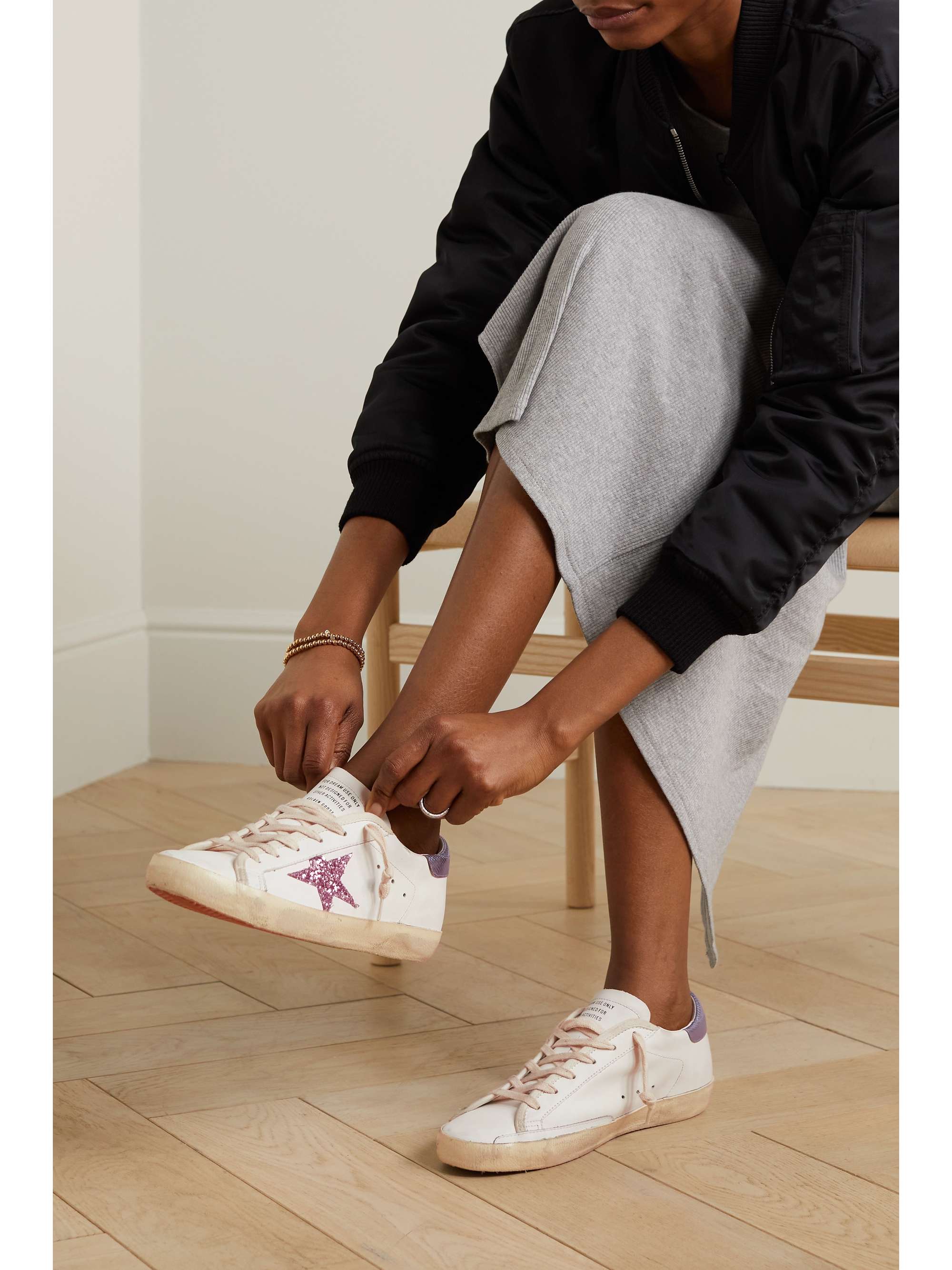 GOLDEN GOOSE Superstar glittered distressed snake-effect trimmed leather  sneakers | NET-A-PORTER