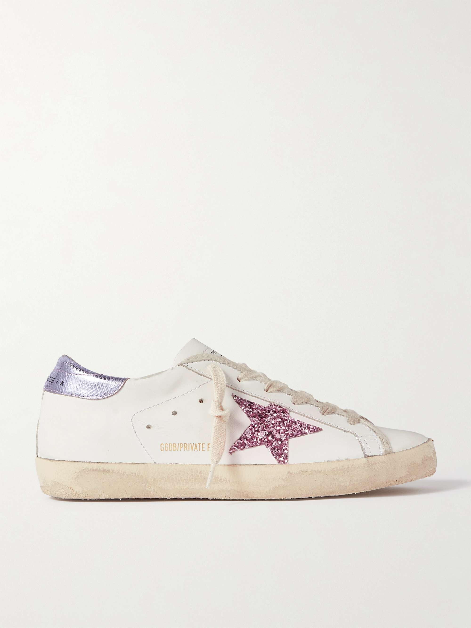 Superstar glittered distressed snake-effect trimmed leather sneakers