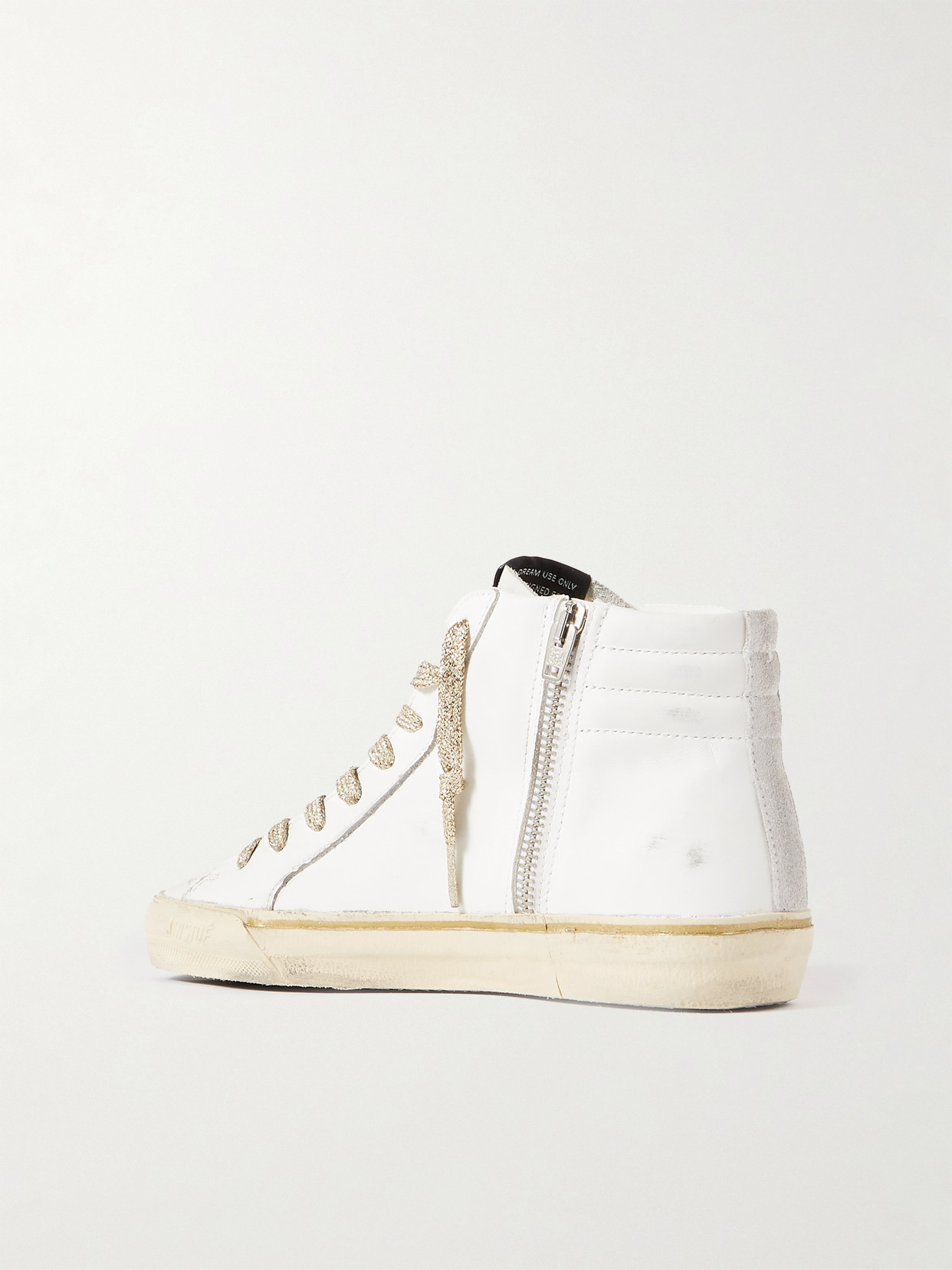 GOLDEN GOOSE SLIDE DISTRESSED SUEDE AND METALLIC-TRIMMED LEATHER HIGH-TOP SNEAKERS