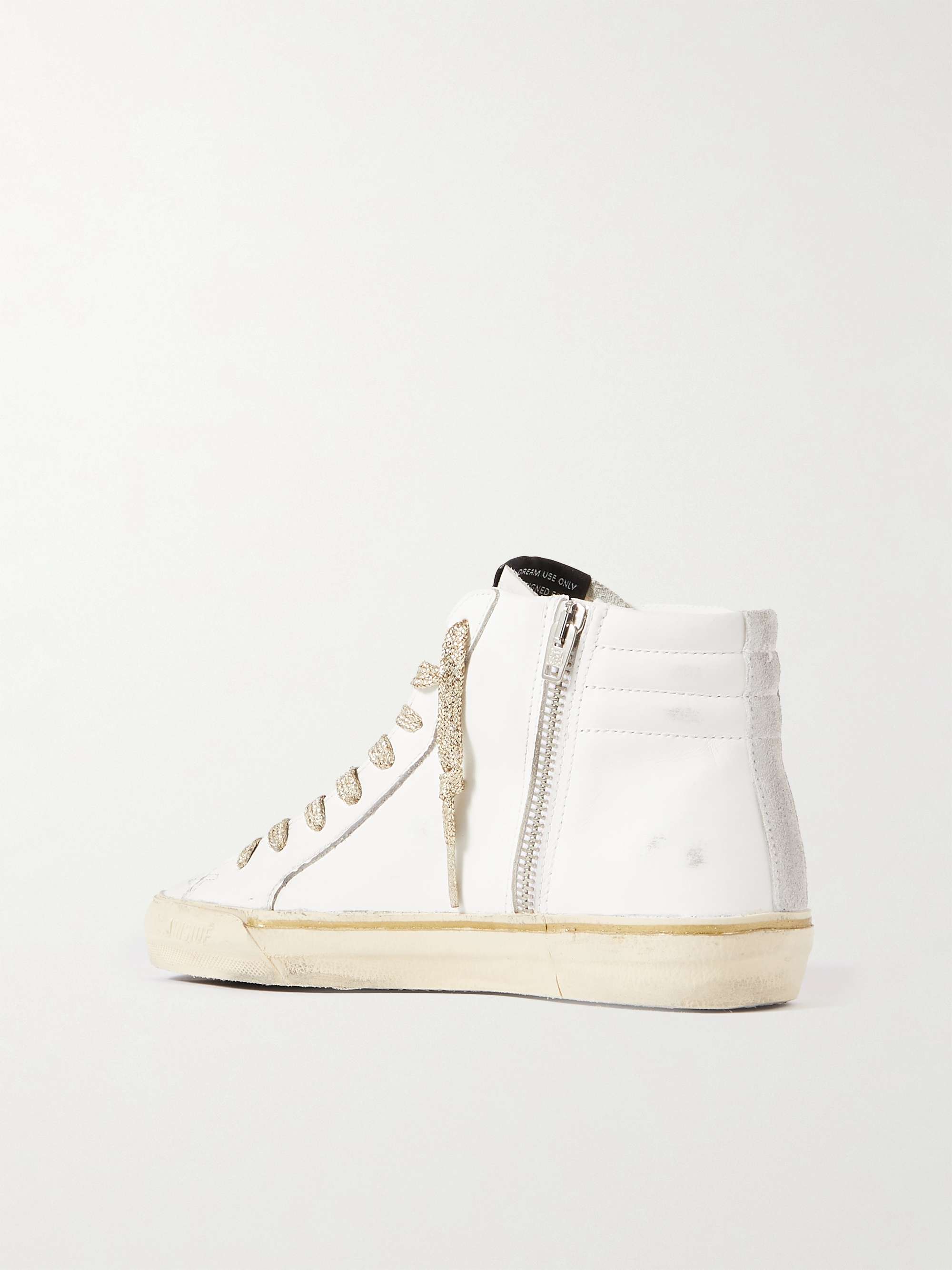 GOLDEN GOOSE Slide distressed suede-trimmed leather and Lurex high-top sneakers