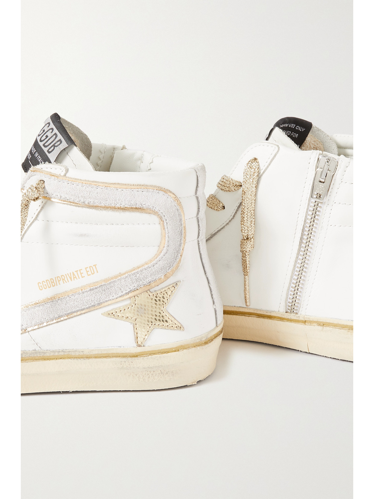 GOLDEN GOOSE SLIDE DISTRESSED SUEDE AND METALLIC-TRIMMED LEATHER HIGH-TOP SNEAKERS