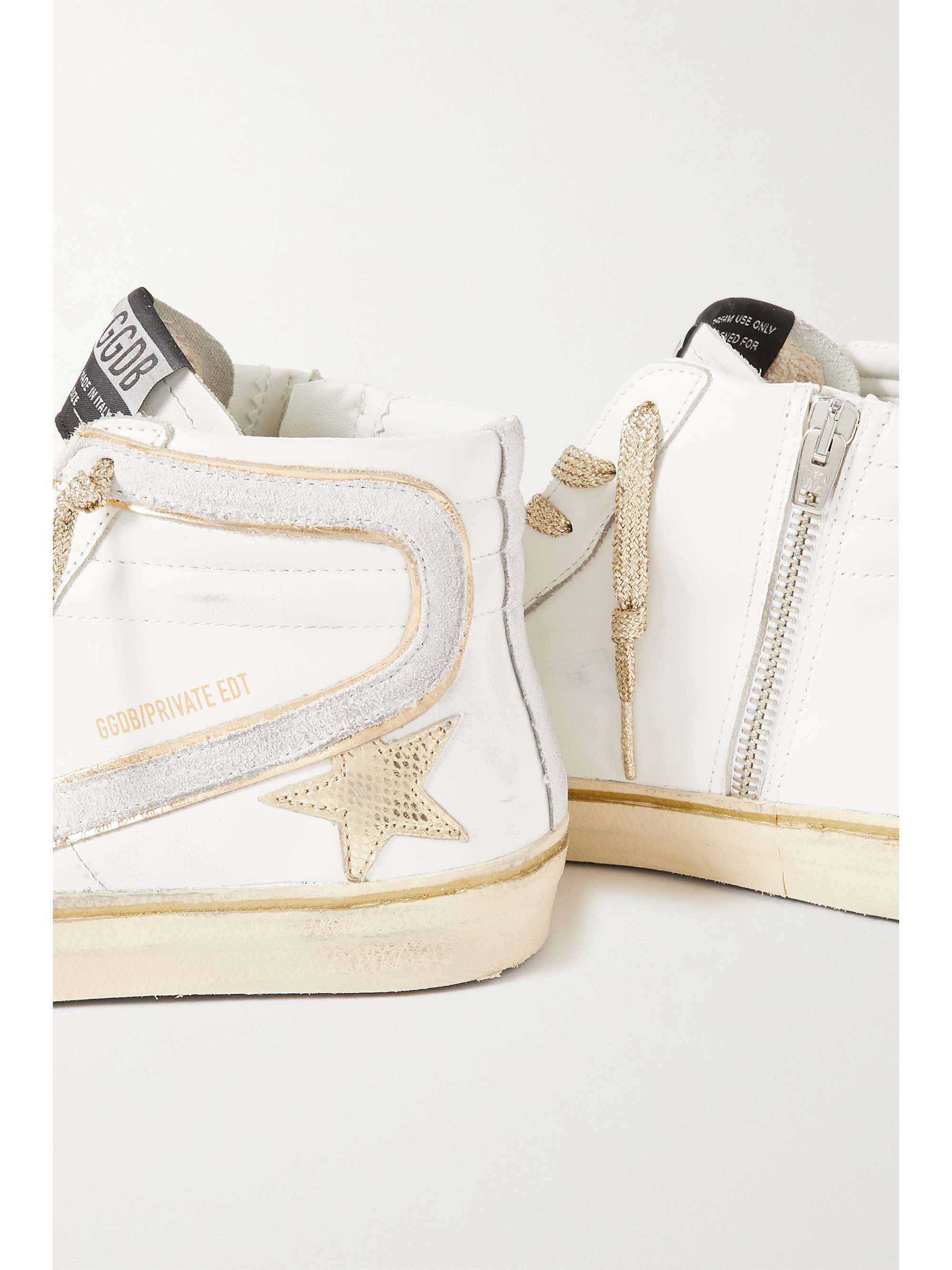 GOLDEN GOOSE Slide distressed suede and metallic-trimmed leather high ...