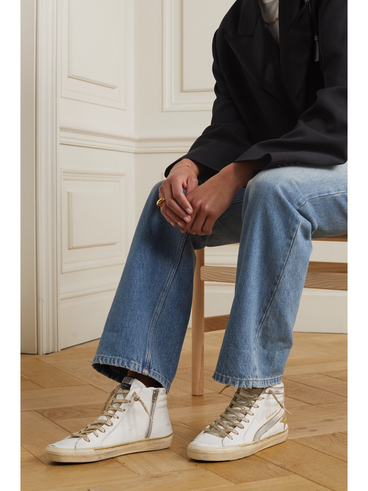 GOLDEN GOOSE SLIDE DISTRESSED SUEDE AND METALLIC-TRIMMED LEATHER HIGH-TOP SNEAKERS