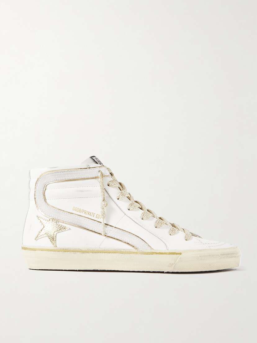 Golden Goose Slide Distressed Suede And Metallic-trimmed Leather High-top Sneakers