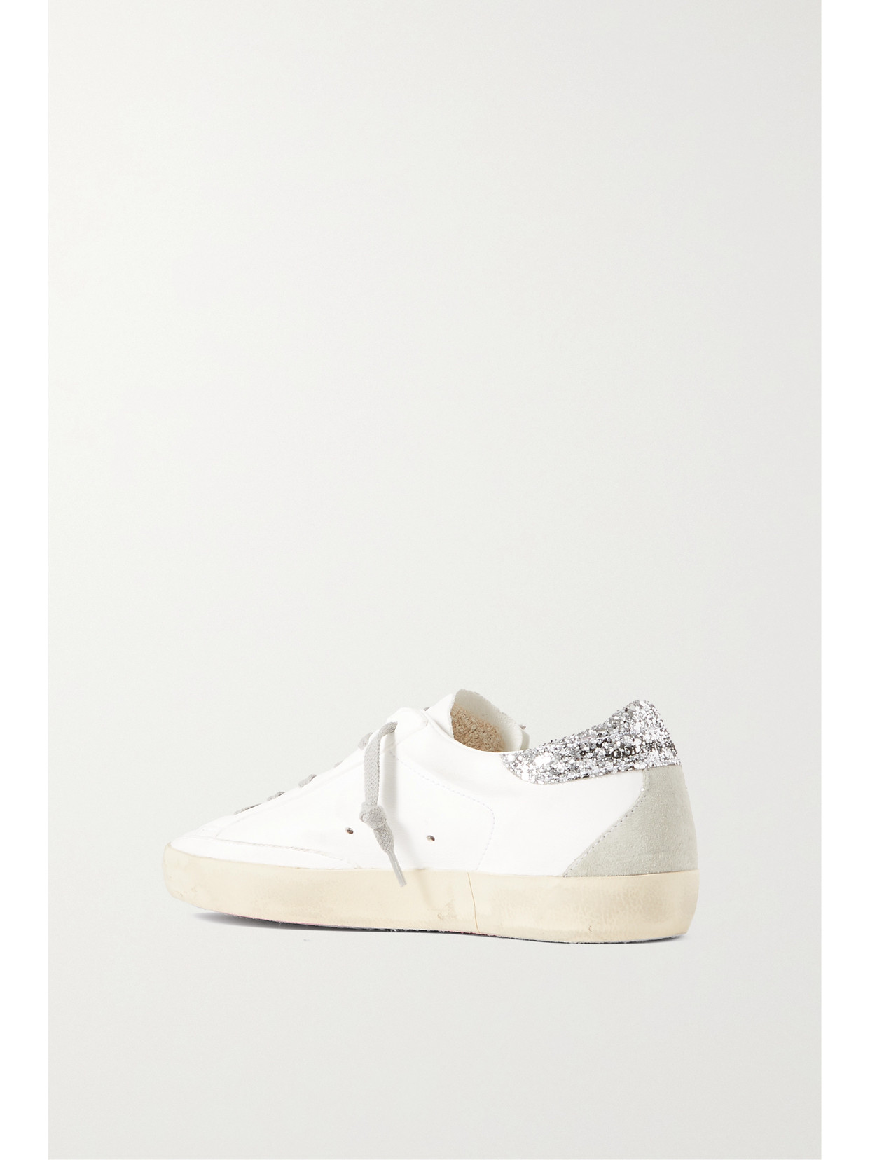 GOLDEN GOOSE SUPERSTAR DISTRESSED DENIM-TRIMMED GLITTERED LEATHER SNEAKERS