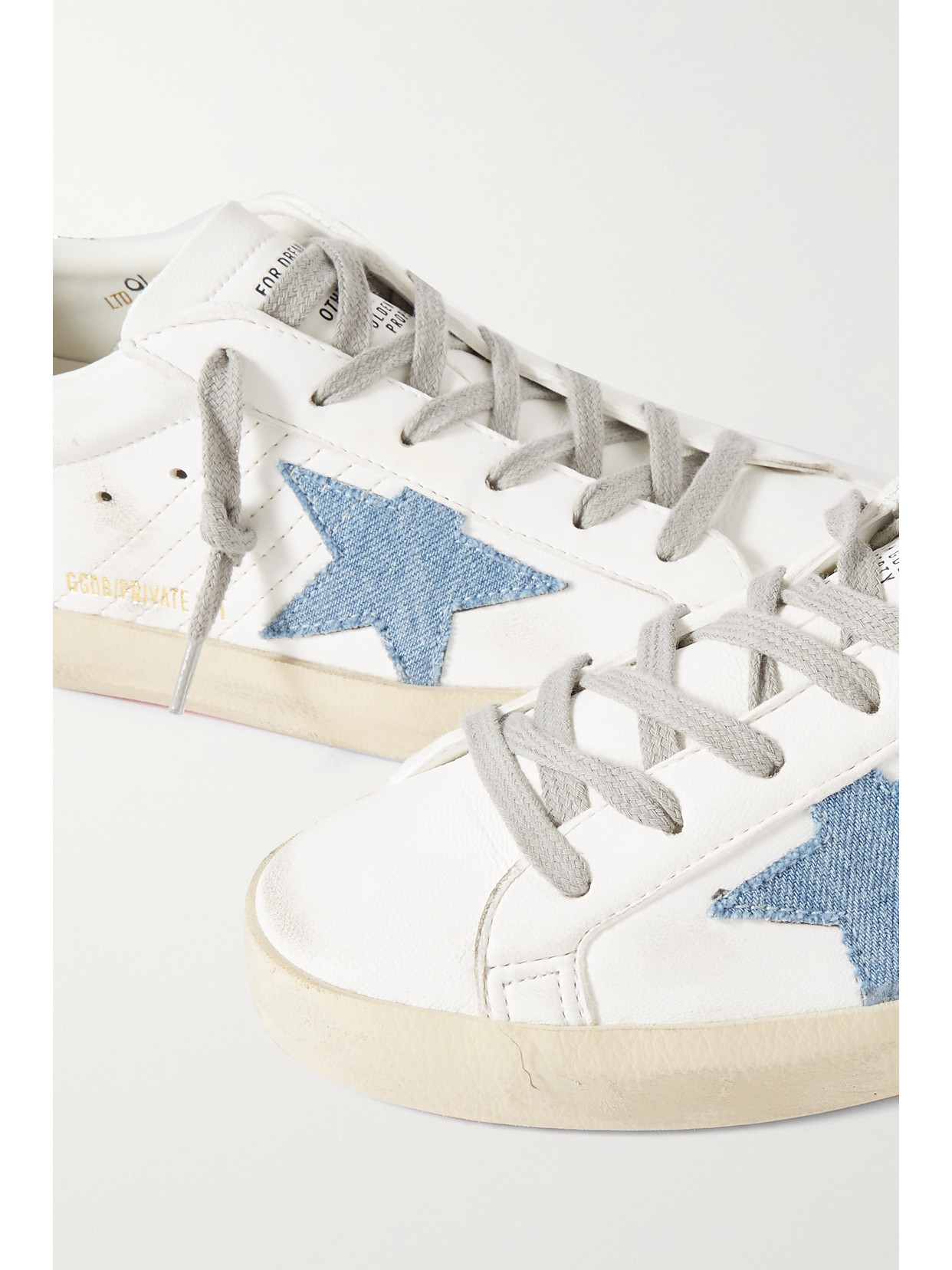 GOLDEN GOOSE SUPERSTAR DISTRESSED DENIM-TRIMMED GLITTERED LEATHER SNEAKERS