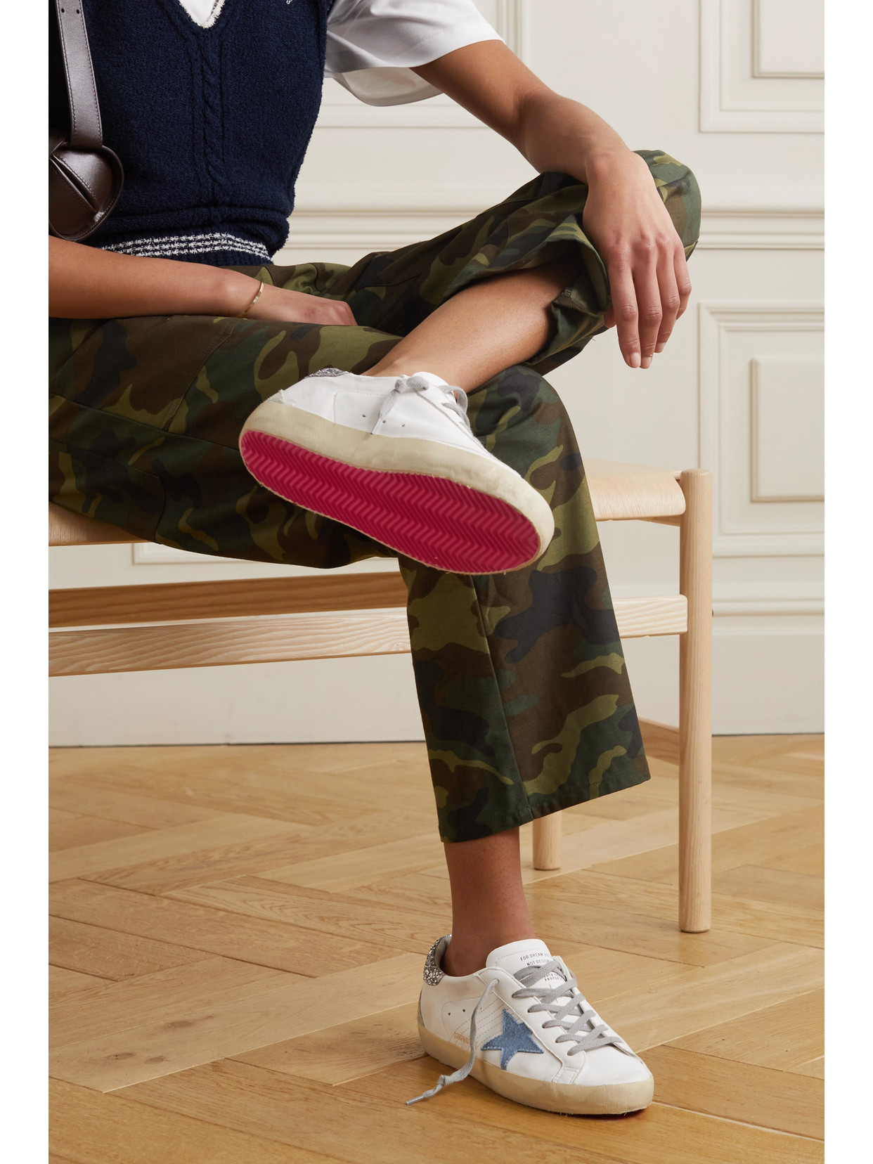 GOLDEN GOOSE SUPERSTAR DISTRESSED DENIM-TRIMMED GLITTERED LEATHER SNEAKERS