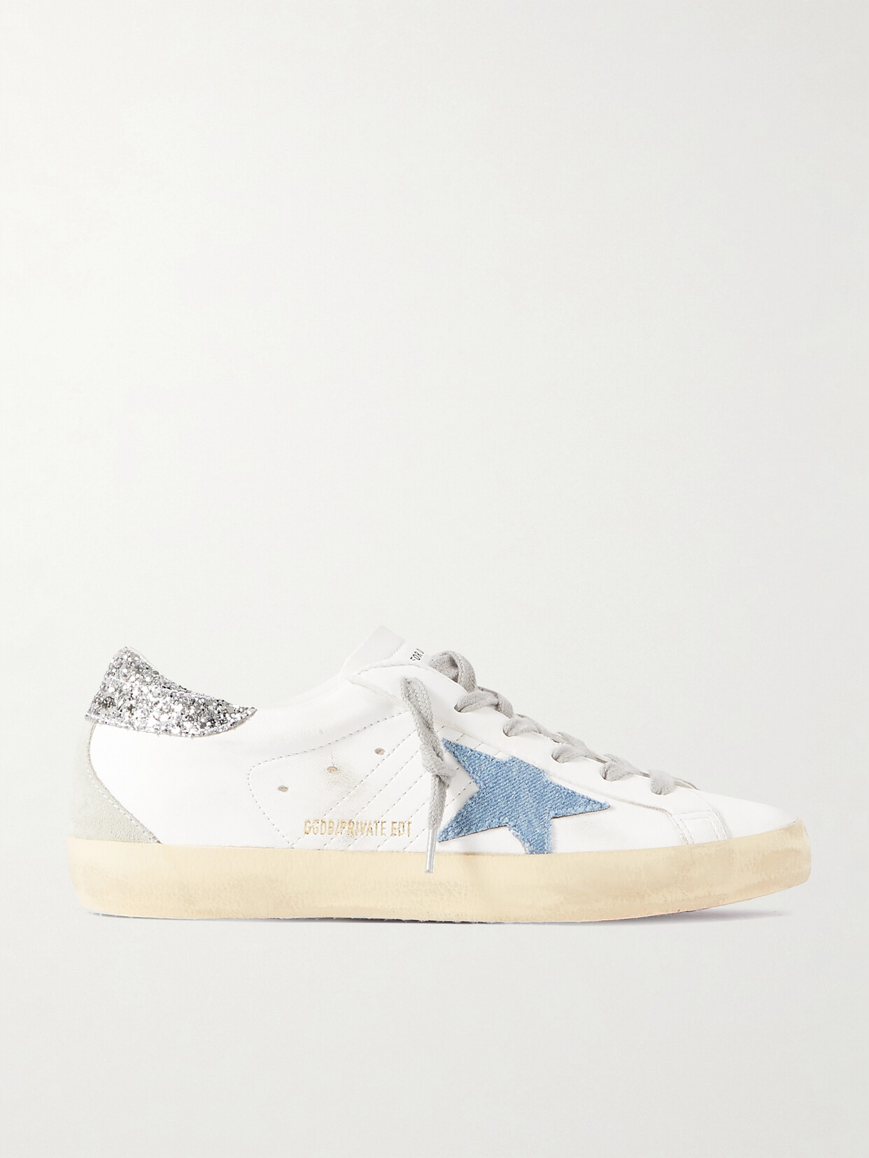 Golden Goose Superstar Distressed Denim-trimmed Glittered Leather Sneakers In White