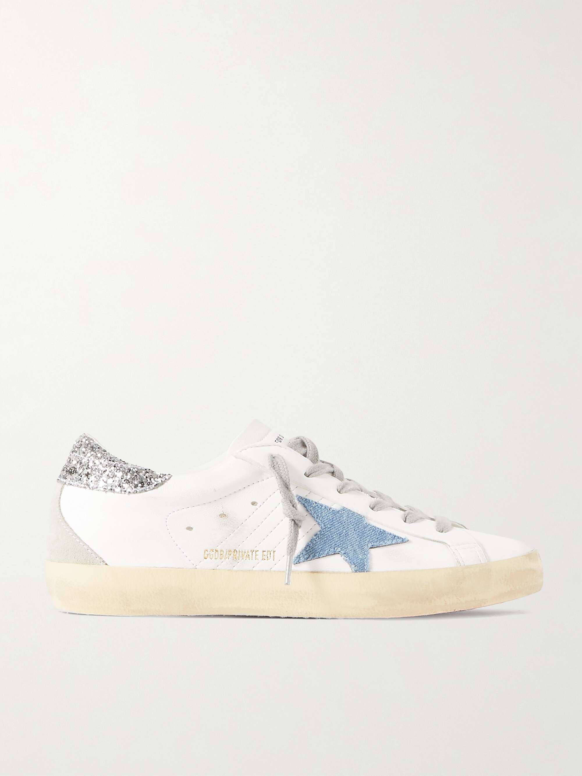 GOLDEN GOOSE Superstar distressed denim-trimmed glittered leather ...