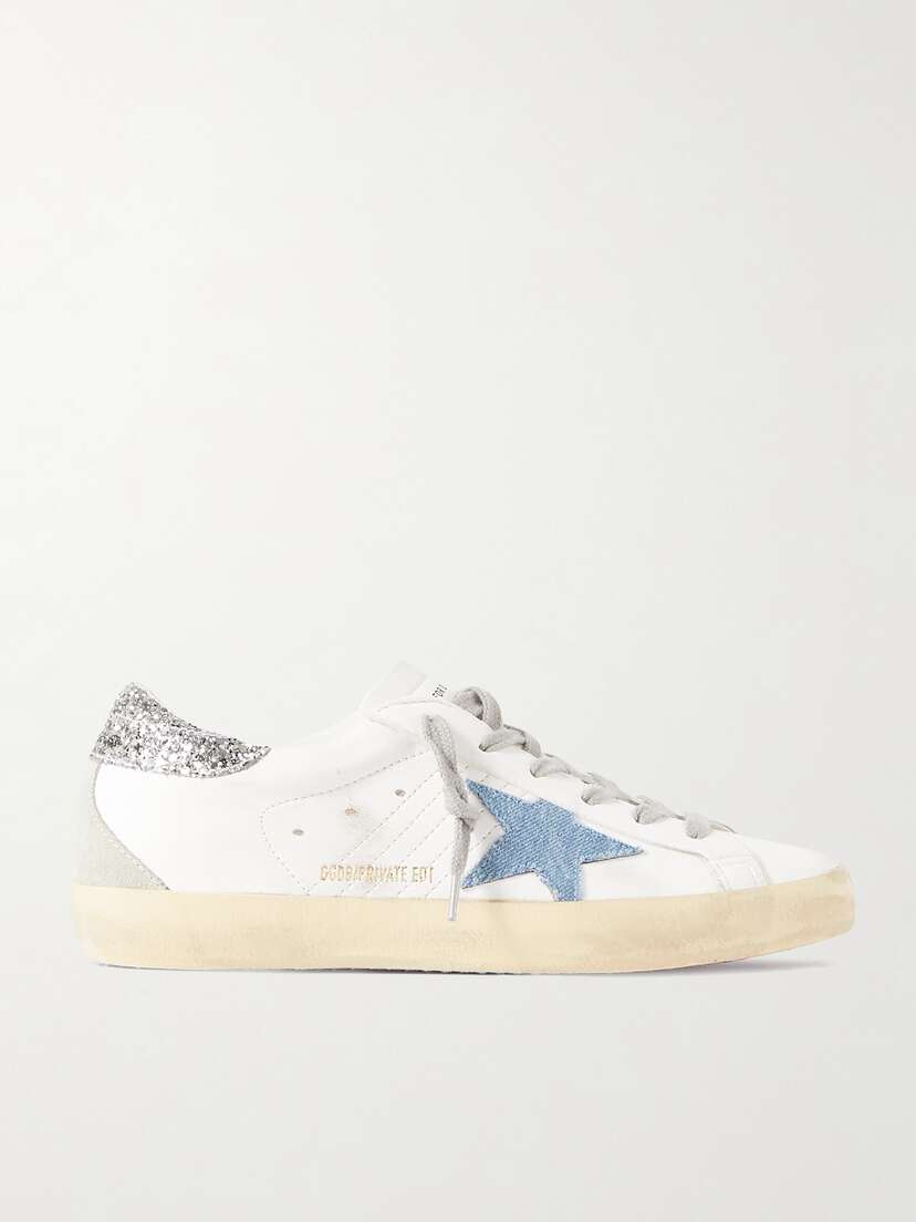Golden Goose Superstar Distressed Denim-trimmed Glittered Leather Sneakers