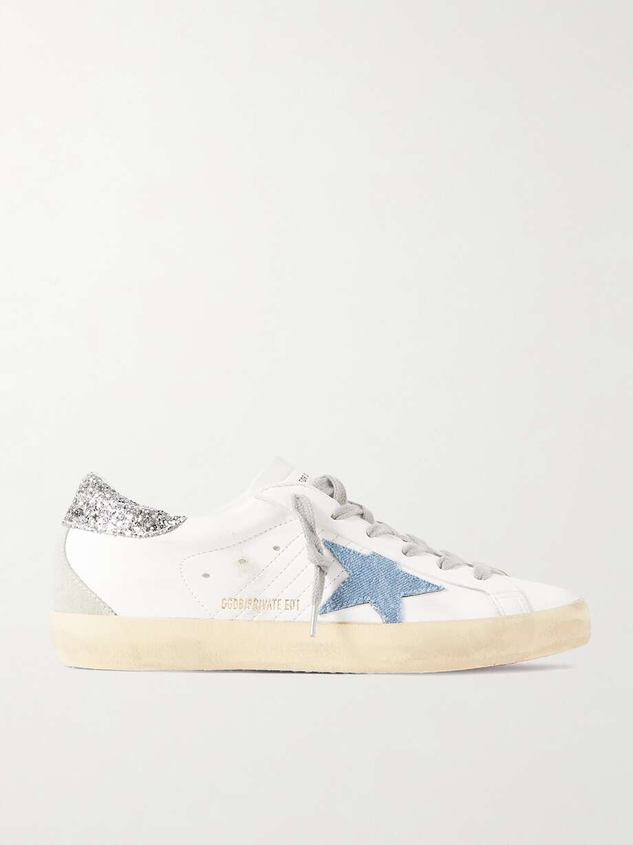 net-a-porter.com | Superstar distressed denim-trimmed glittered leather sneakers