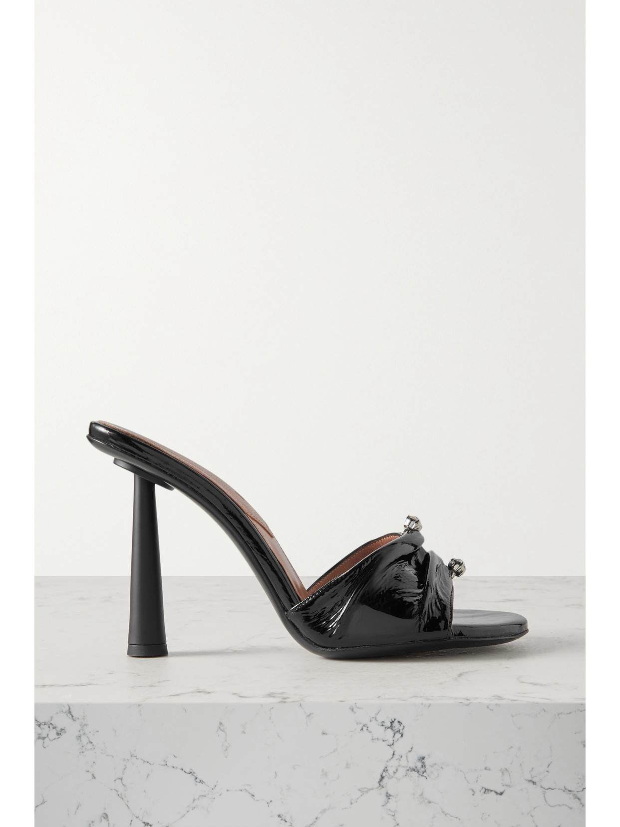 D’Accori D'Accori - Heat Embellished Ruched Patent-leather Mules - Black