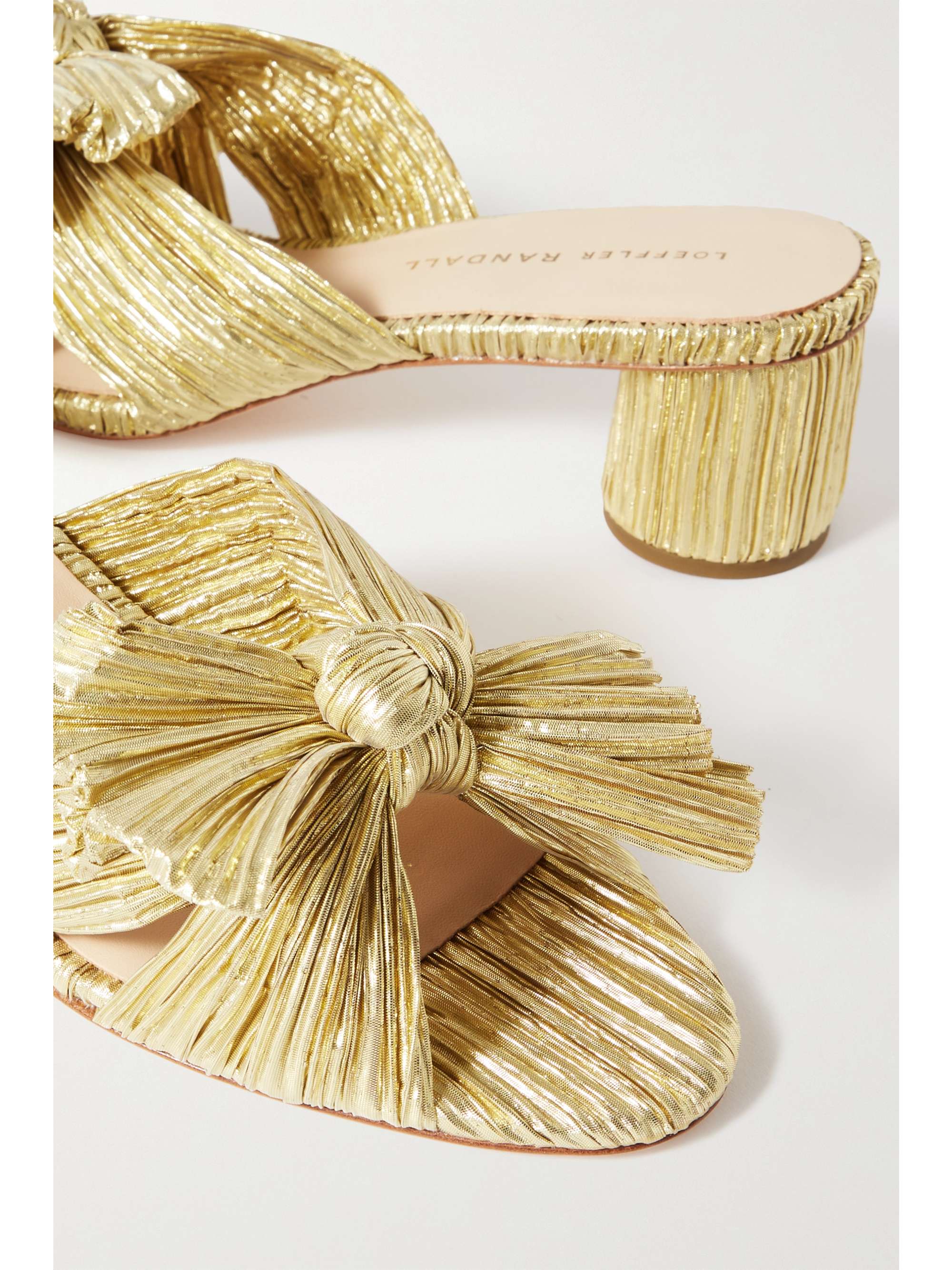 LOEFFLER RANDALL Emilia bow-embellished plissé-lamé mules | NET-A-PORTER