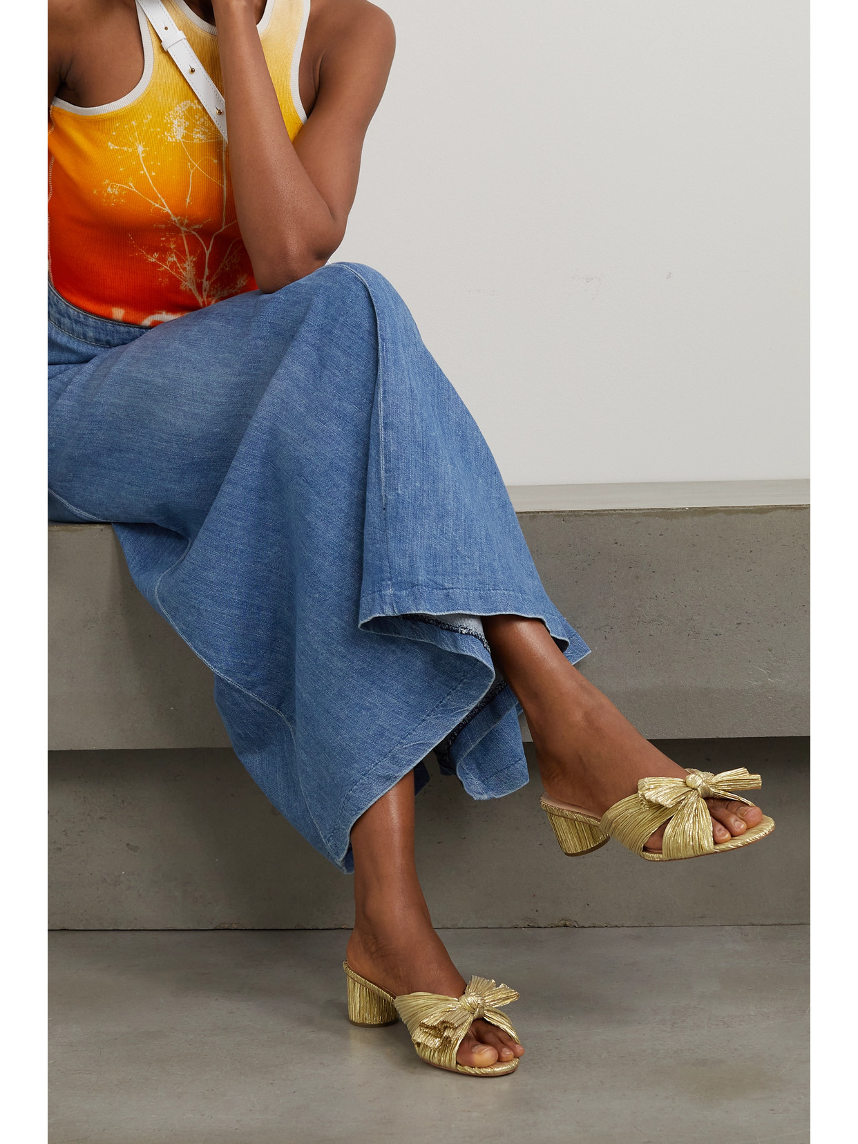 Emilia Bow-Embellished Plissé-Lamé Mules