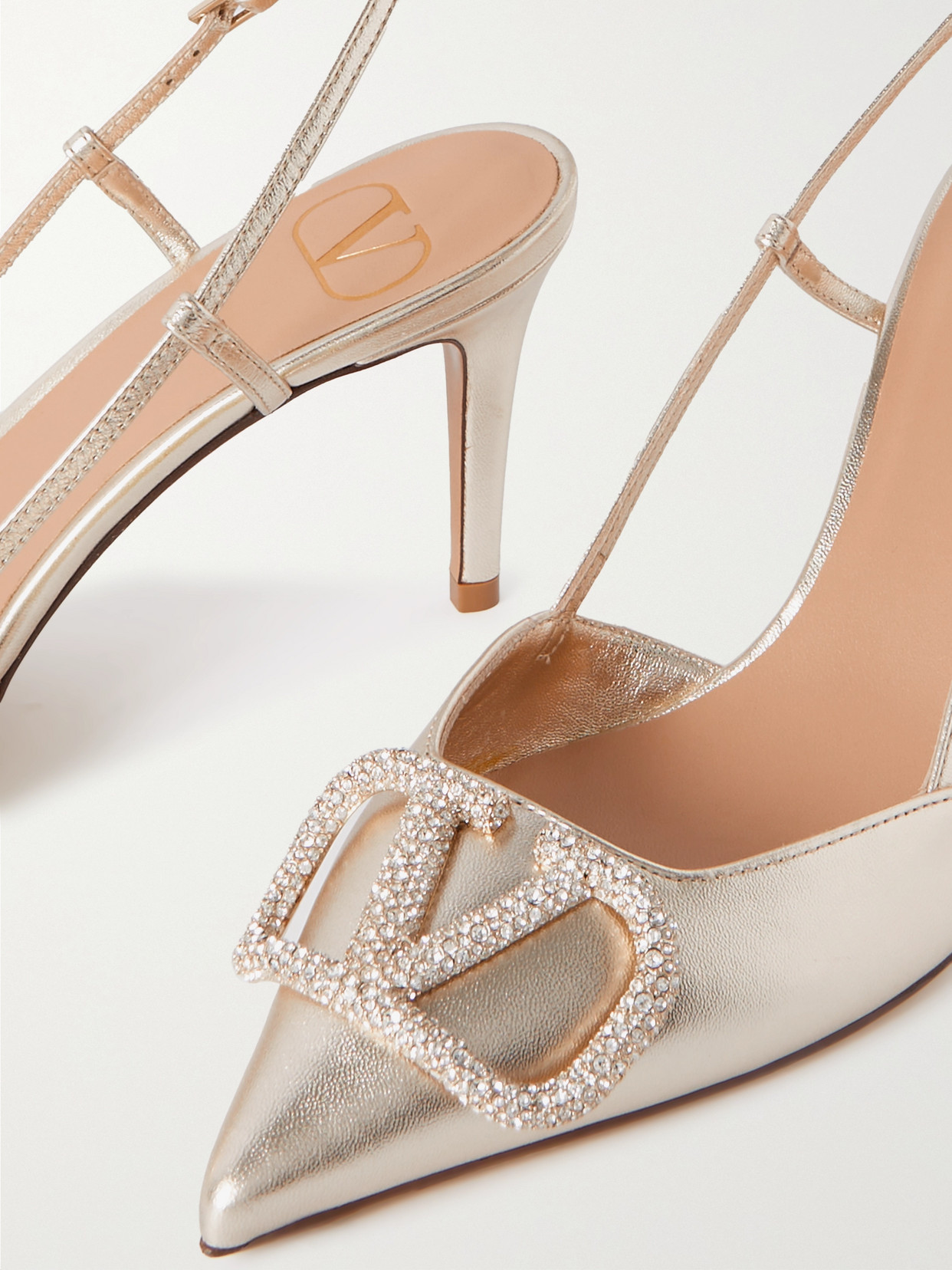 Shop Valentino Vlogo Glow 80 Swarovski Crystal-embellished Metallic Leather Slingback Pumps In Silver