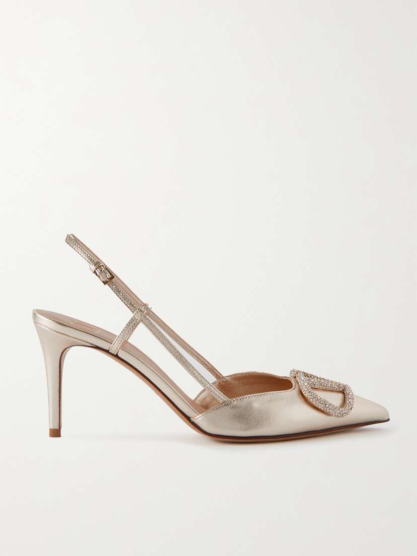 Valentino Garavani Vlogo Glow 80 Swarovski Crystal-embellished Metallic Leather Slingback Pumps