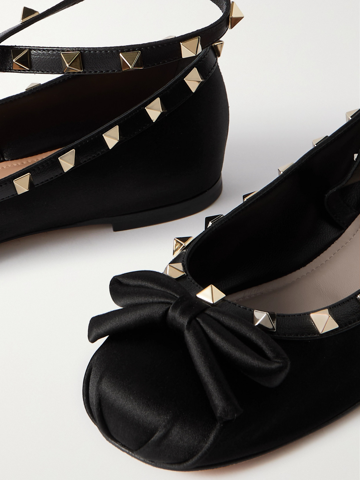 Valentino Rockstud Leather-trimmed Satin Ballet Flats In Black