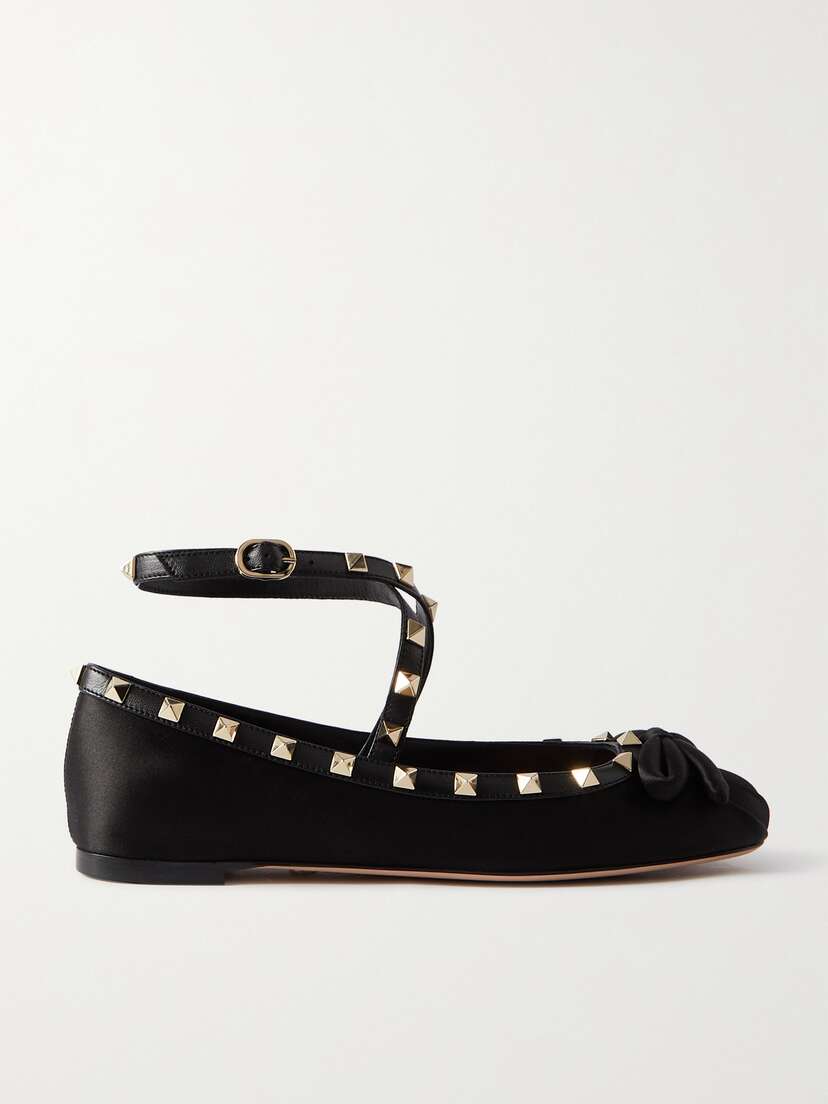 Valentino Garavani Rockstud Leather-trimmed Satin Ballet Flats