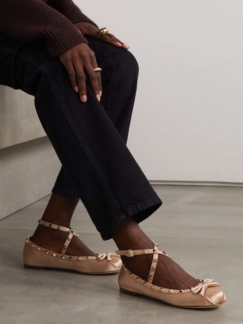 VALENTINO GARAVANI Rockstud leather-trimmed satin ballet flats | NET-A ...