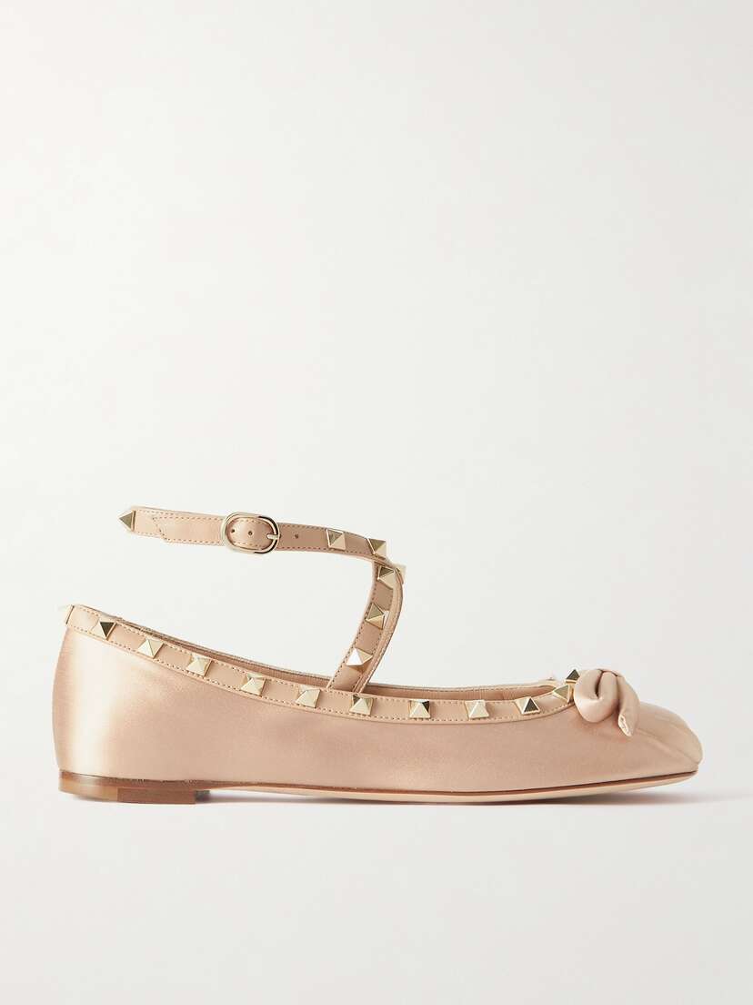Valentino Garavani Rockstud Leather-trimmed Satin Ballet Flats