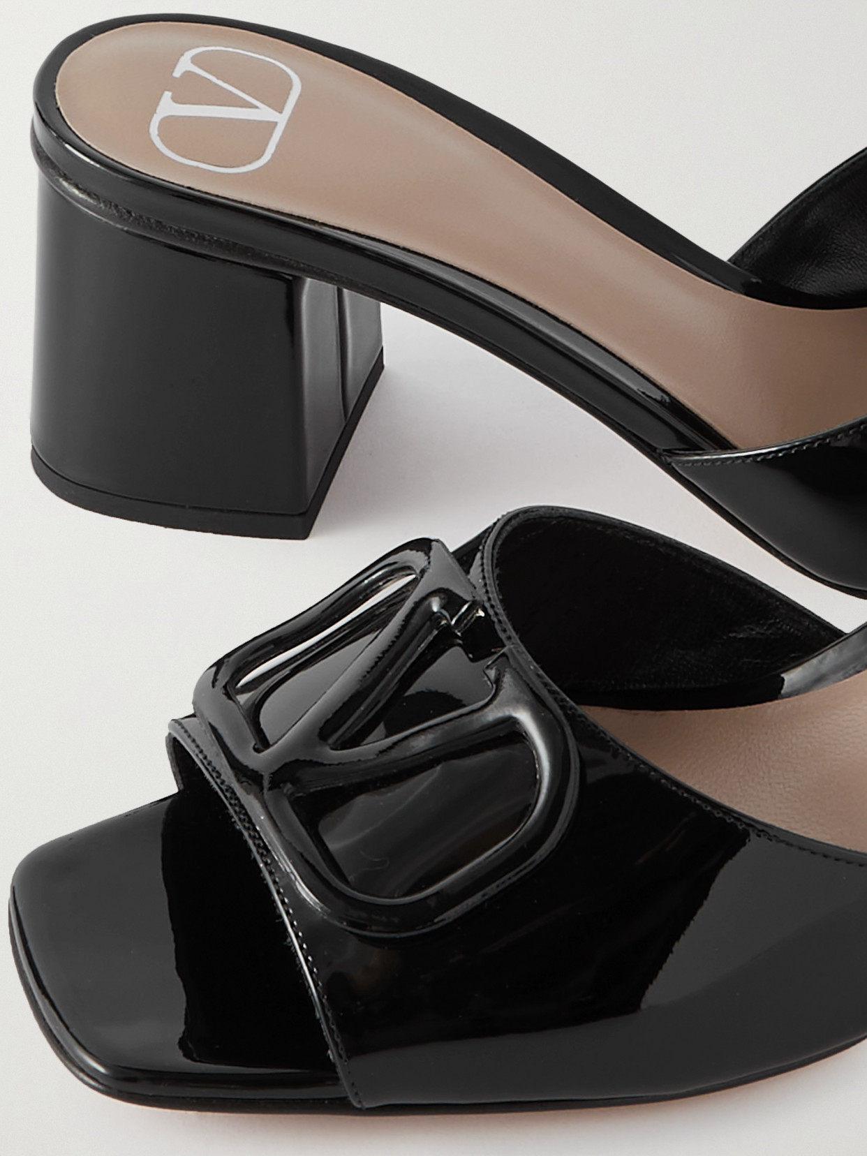 Shop Valentino Vlogo Embellished Patent-leather Mules In Black