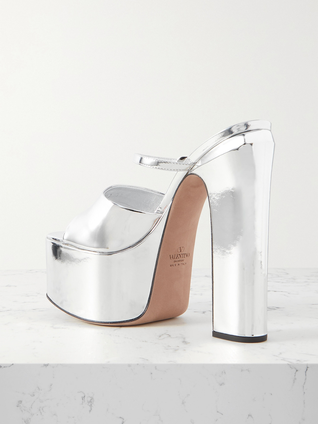 Valentino Tan-go 155 Mirrored-leather Platform Mules In Silver