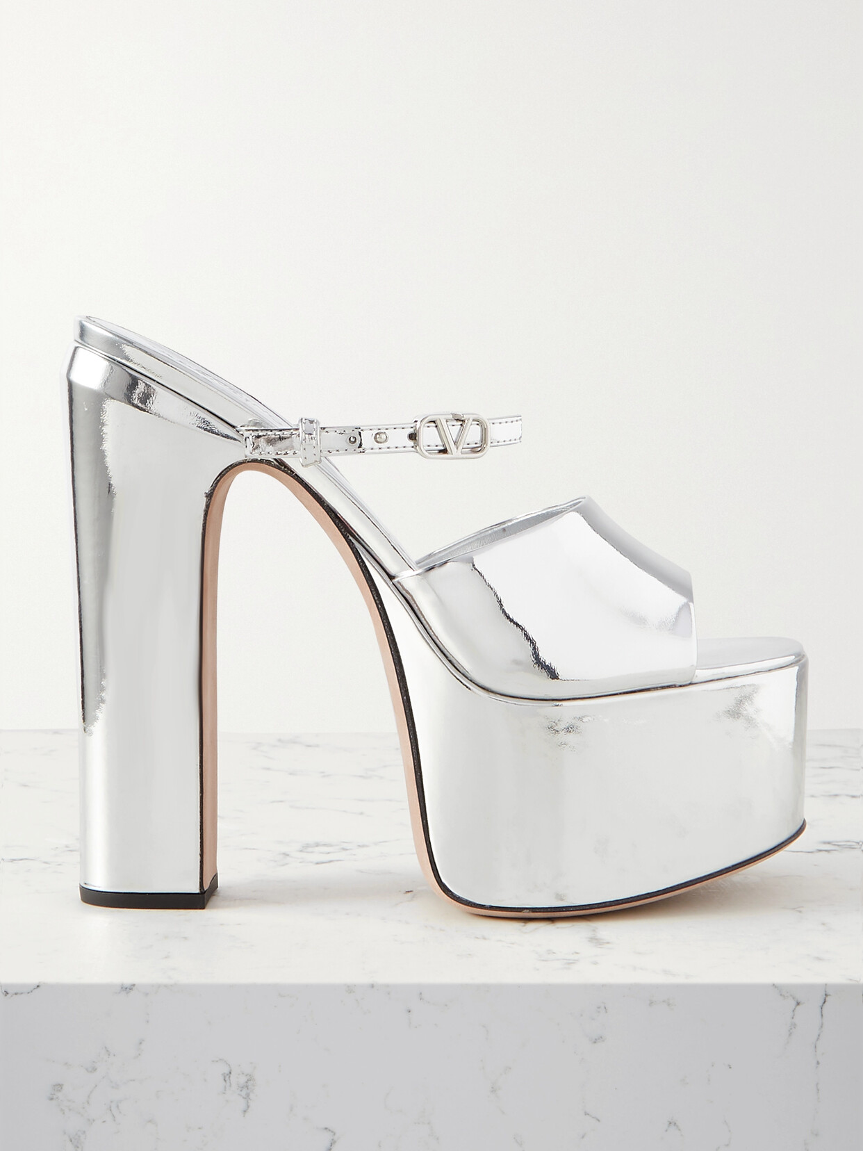 Valentino Garavani Tan-go 155 Mirrored-leather Platform Mules In Silver