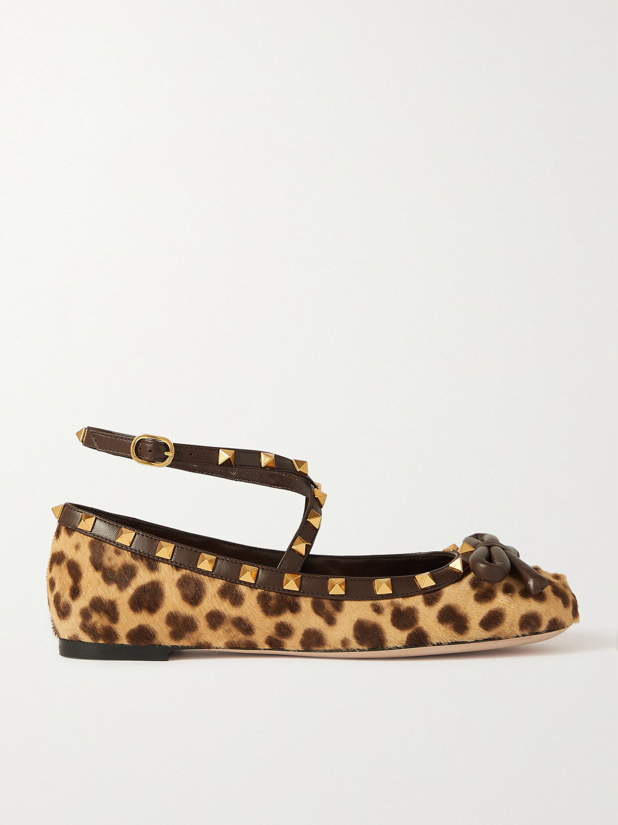 VALENTINO GARAVANI ROCKSTUD LEATHER-TRIMMED LEOPARD-PRINT CALF HAIR BALLET FLATS