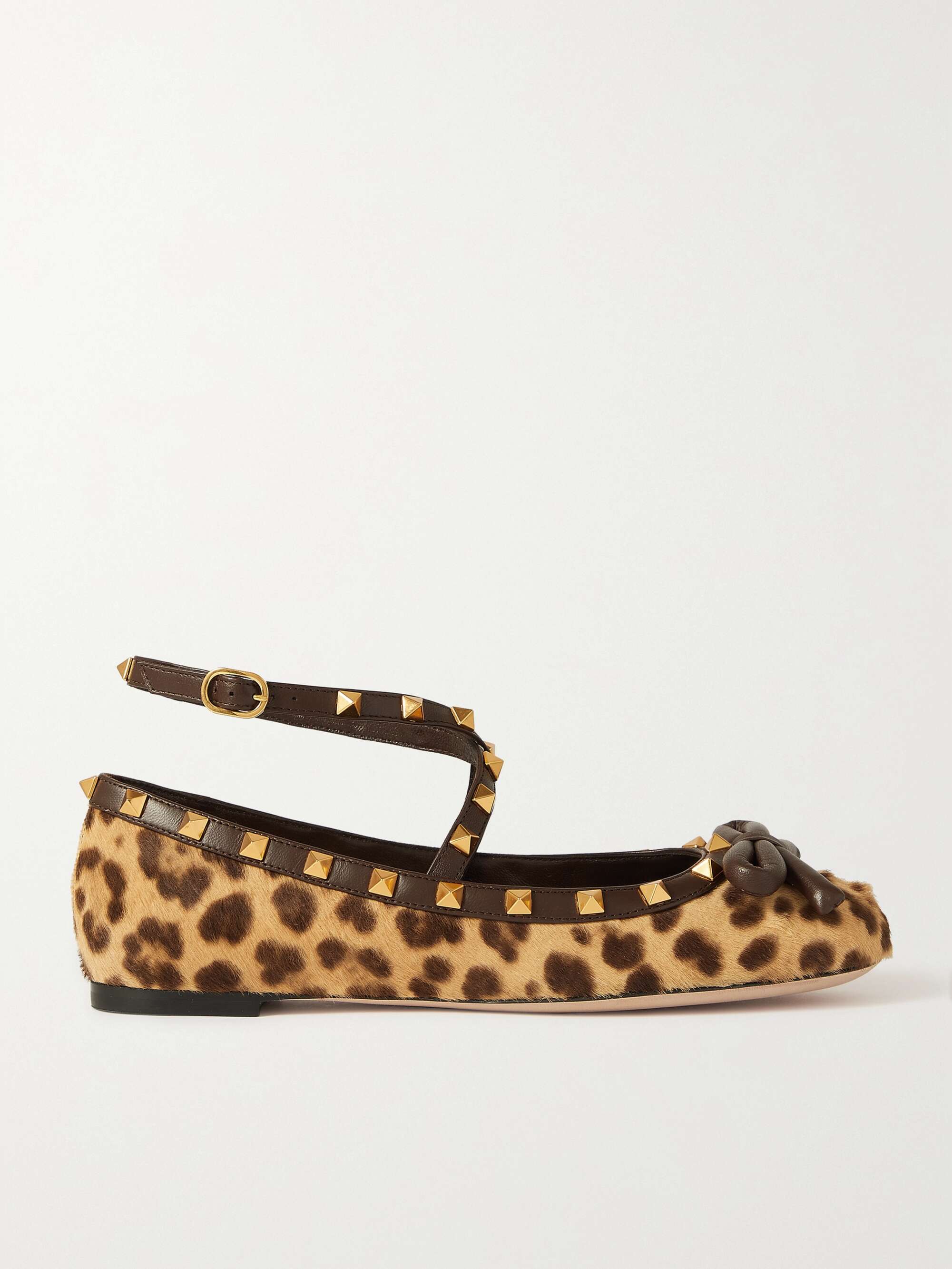 VALENTINO GARAVANI Rockstud leather-trimmed leopard-print calf hair ballet  flats