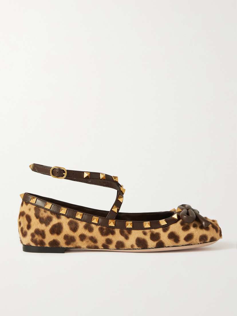 Valentino Garavani Rockstud Leather-trimmed Leopard-print Calf Hair Ballet Flats