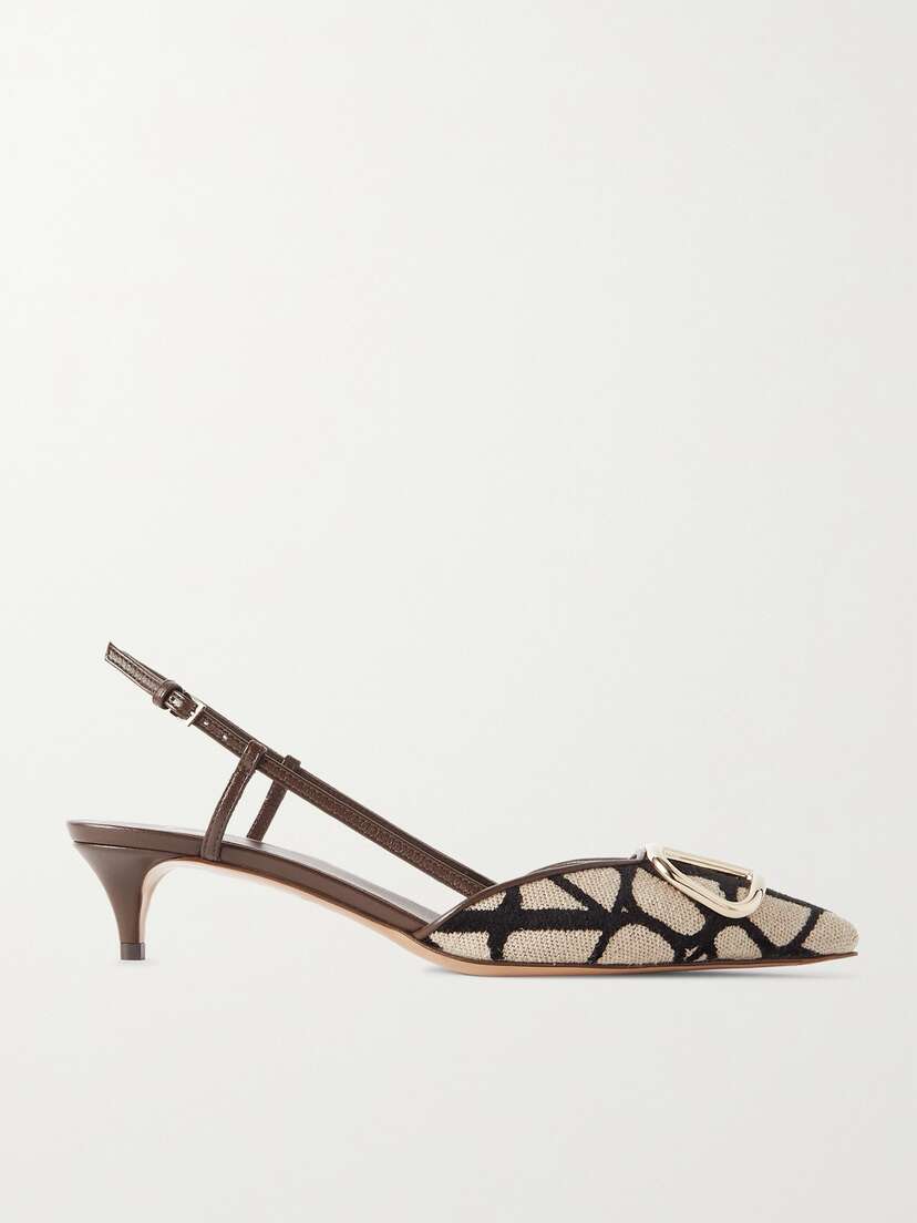 Valentino Garavani Vlogo 40 Embellished Leather-trimmed Flocked Canvas Slingback Pumps