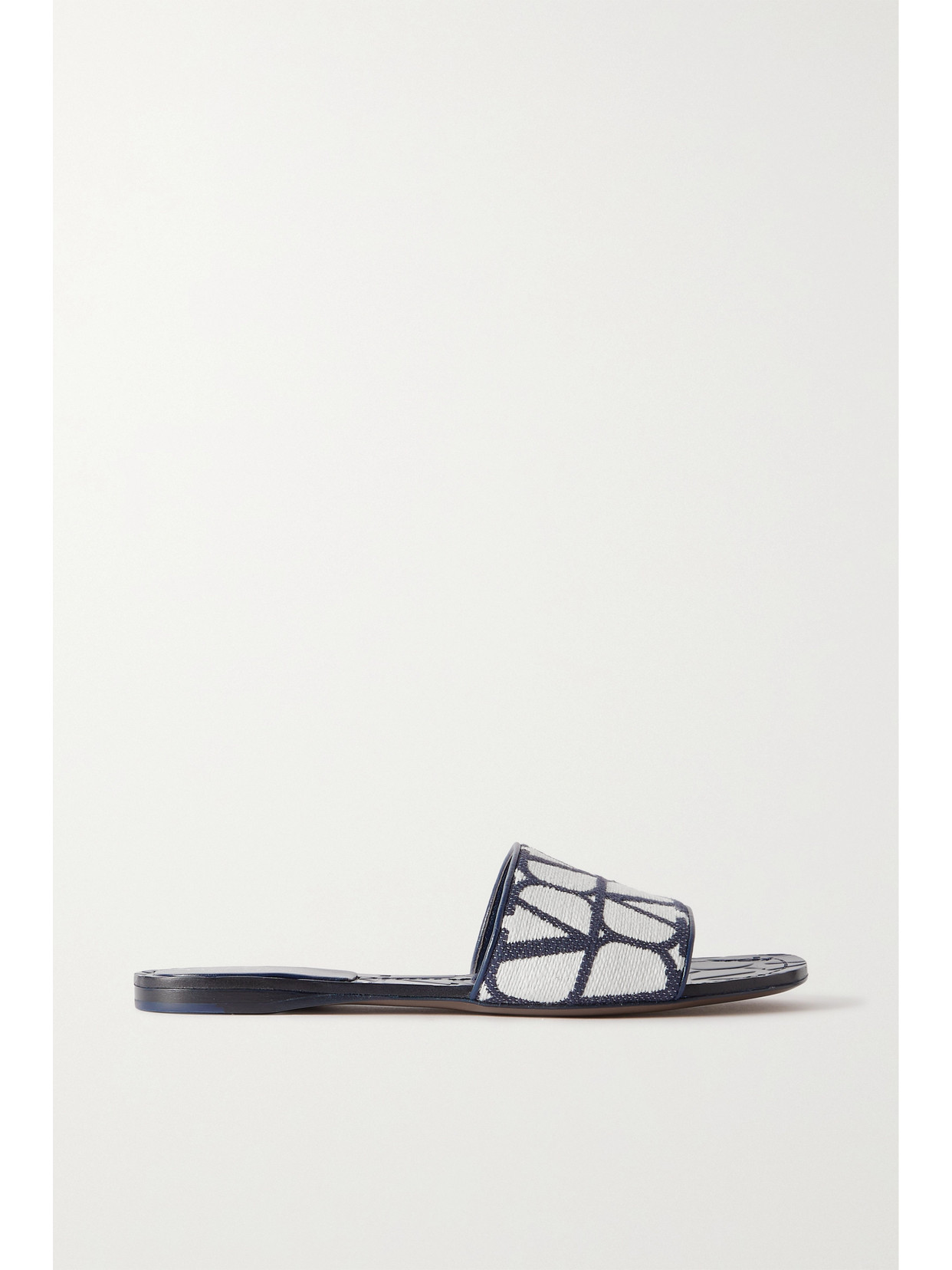 Shop Valentino Toile Iconographe Leather-trimmed Cotton-canvas Jacquard Slides In Blue