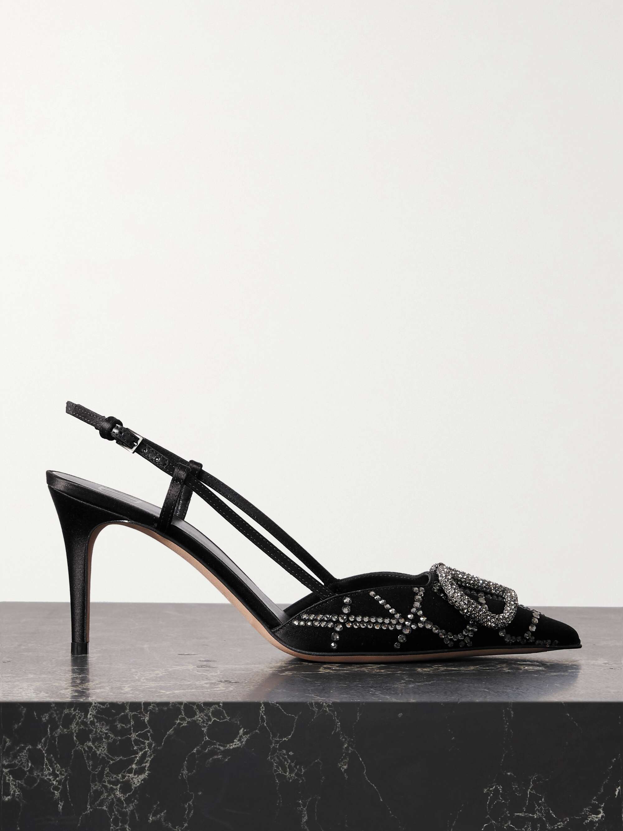 VALENTINO GARAVANI VLOGO 40 leather-trimmed embellished satin slingback ...