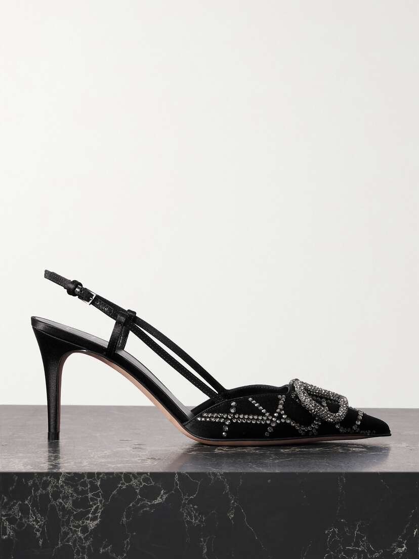 Valentino Garavani Vlogo 40 Leather-trimmed Embellished Satin Slingback Pumps