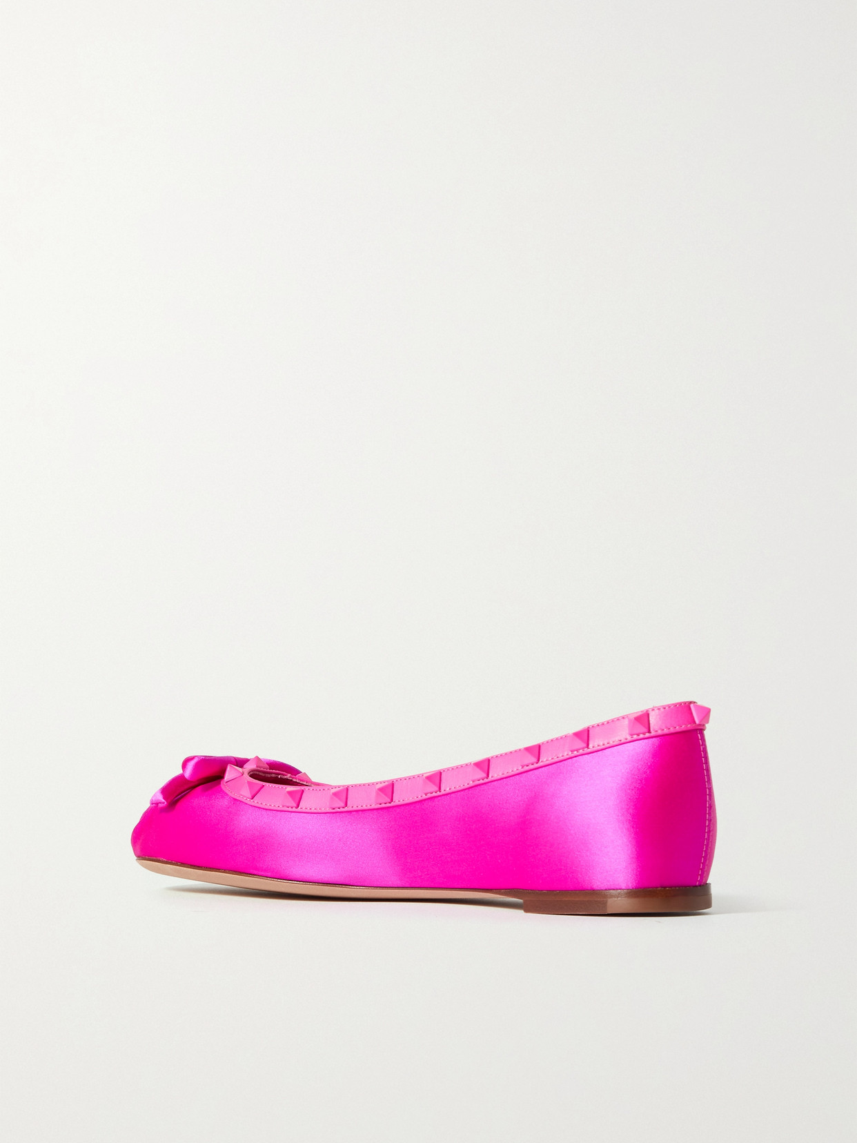 Valentino Rockstud Bow-detailed Leather-trimmed Satin Ballet Flats In Pink