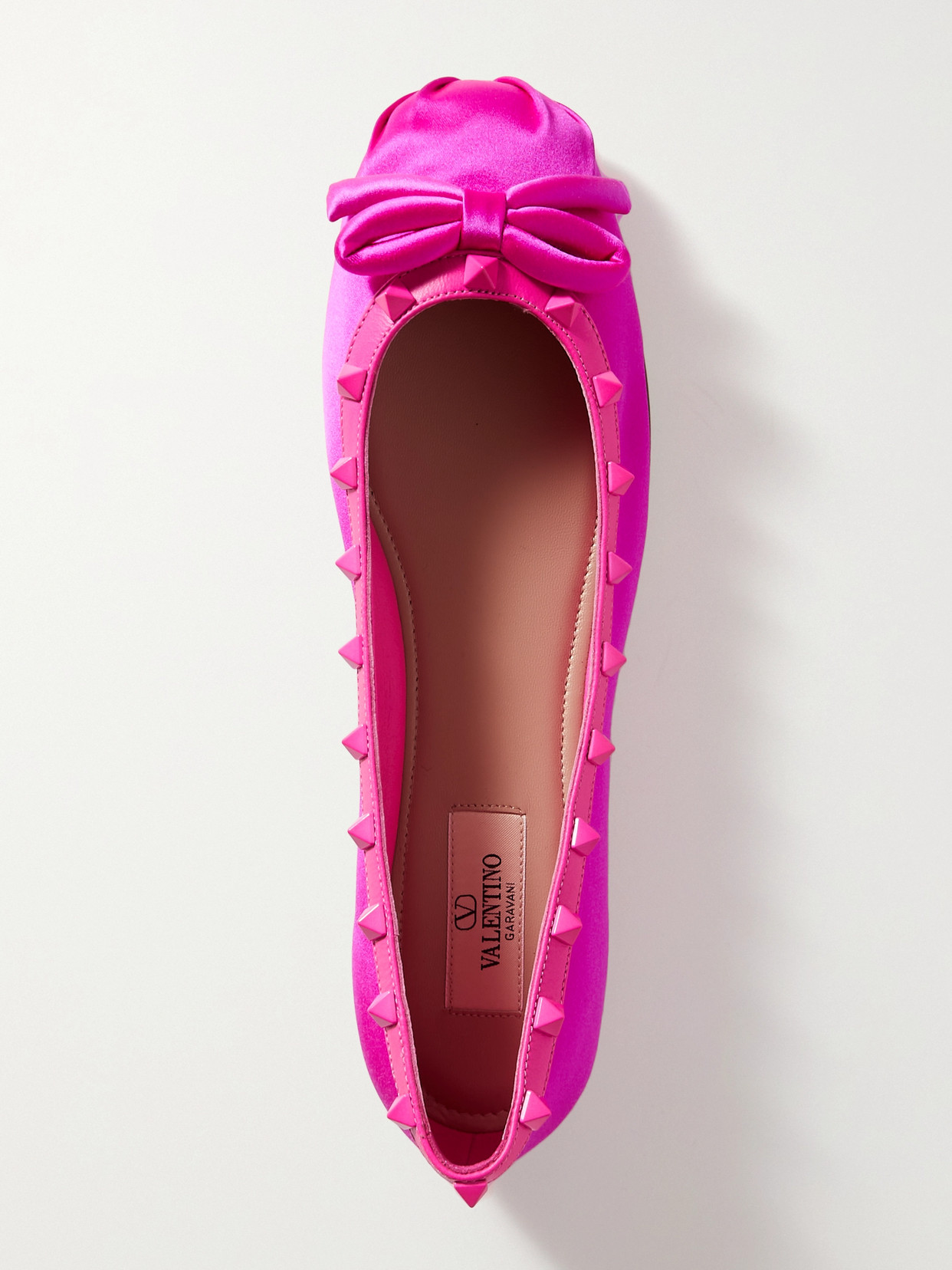 Valentino Rockstud Bow-detailed Leather-trimmed Satin Ballet Flats In Pink