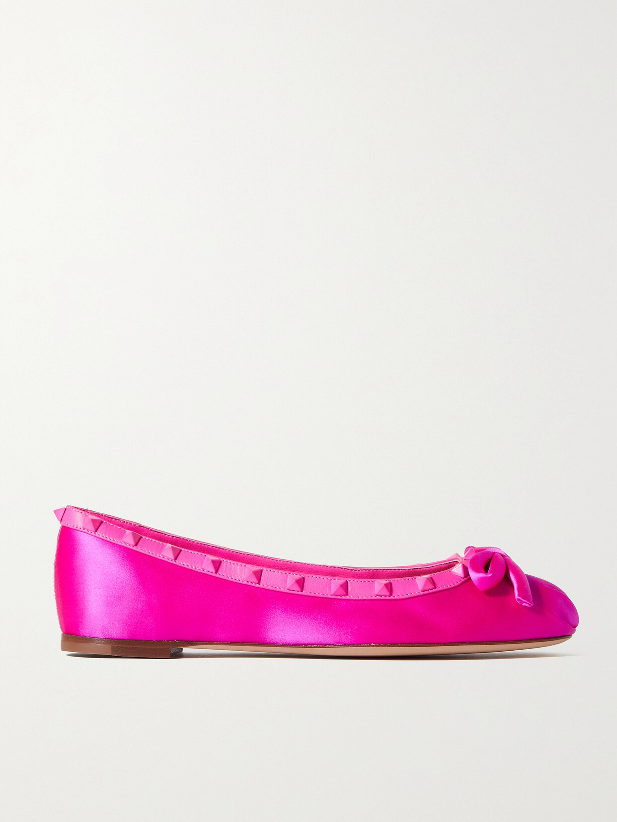 Valentino Garavani Rockstud Bow-detailed Leather-trimmed Satin Ballet Flats In Pink