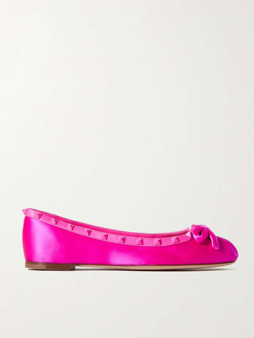 Valentino Garavani Rockstud Bow-detailed Leather-trimmed Satin Ballet Flats