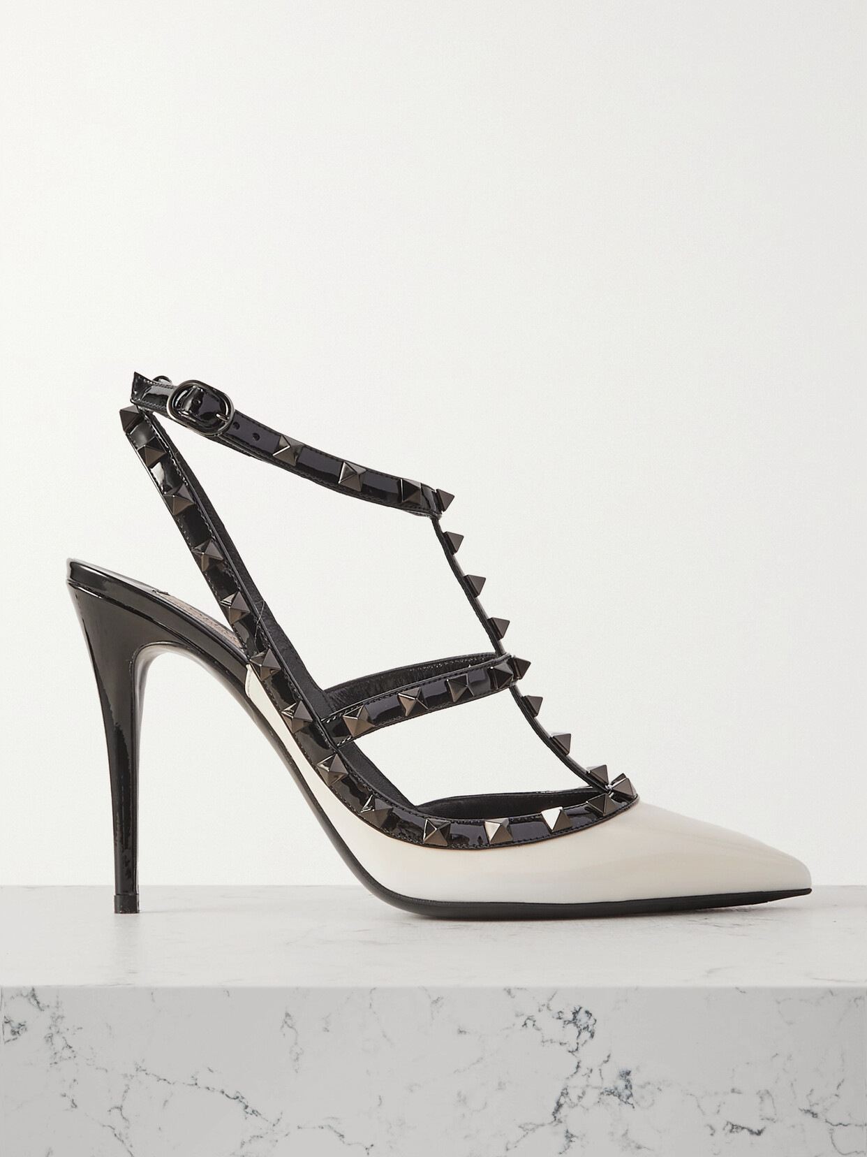 Valentino Garavani Women's Rockstud Two-tone Patent Leather Pumps With Matching Straps And Studs 100mm In Black Ivory