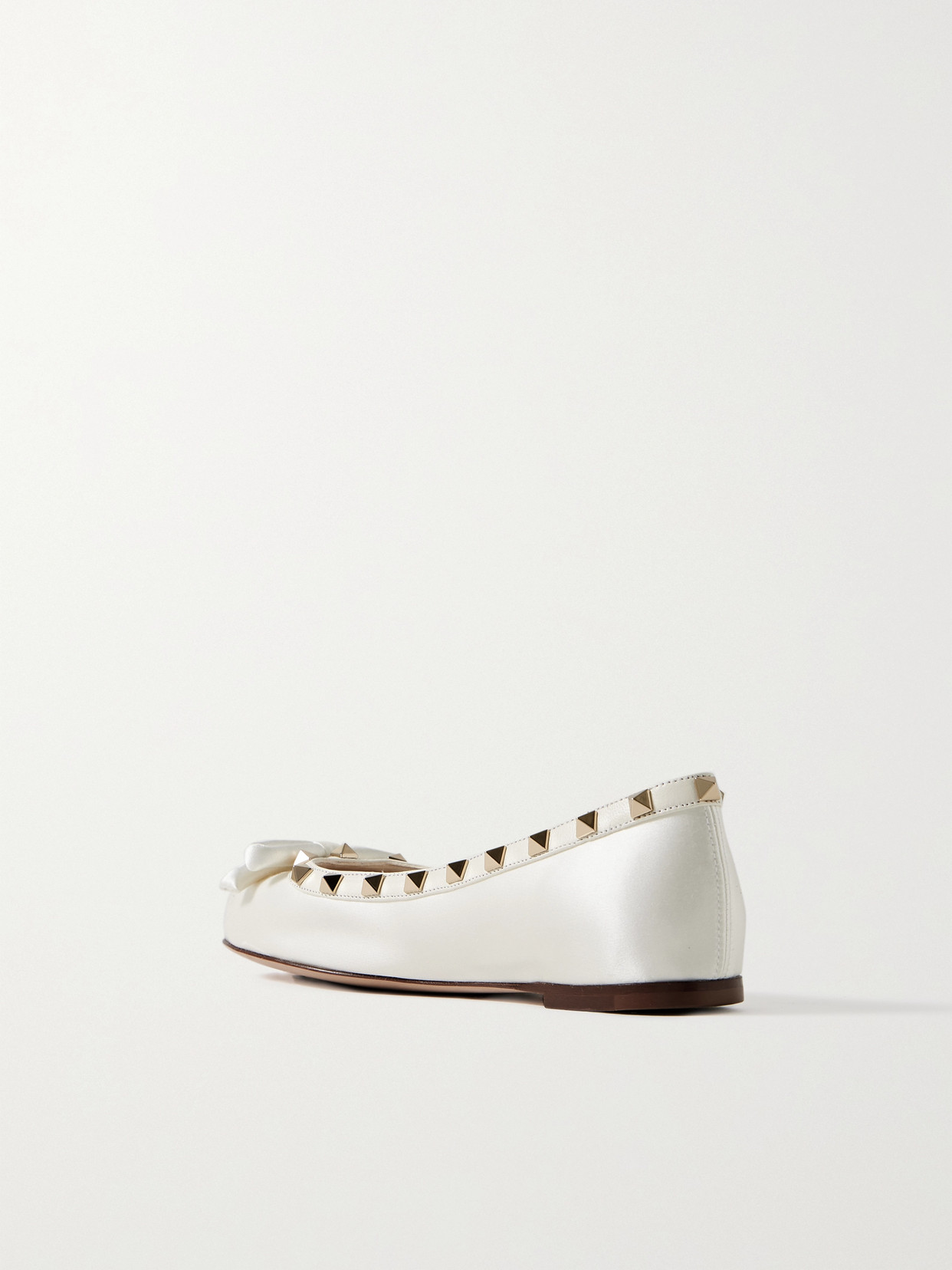 Valentino Rockstud Leather-trimmed Bow-embellished Satin Ballet Flats In White