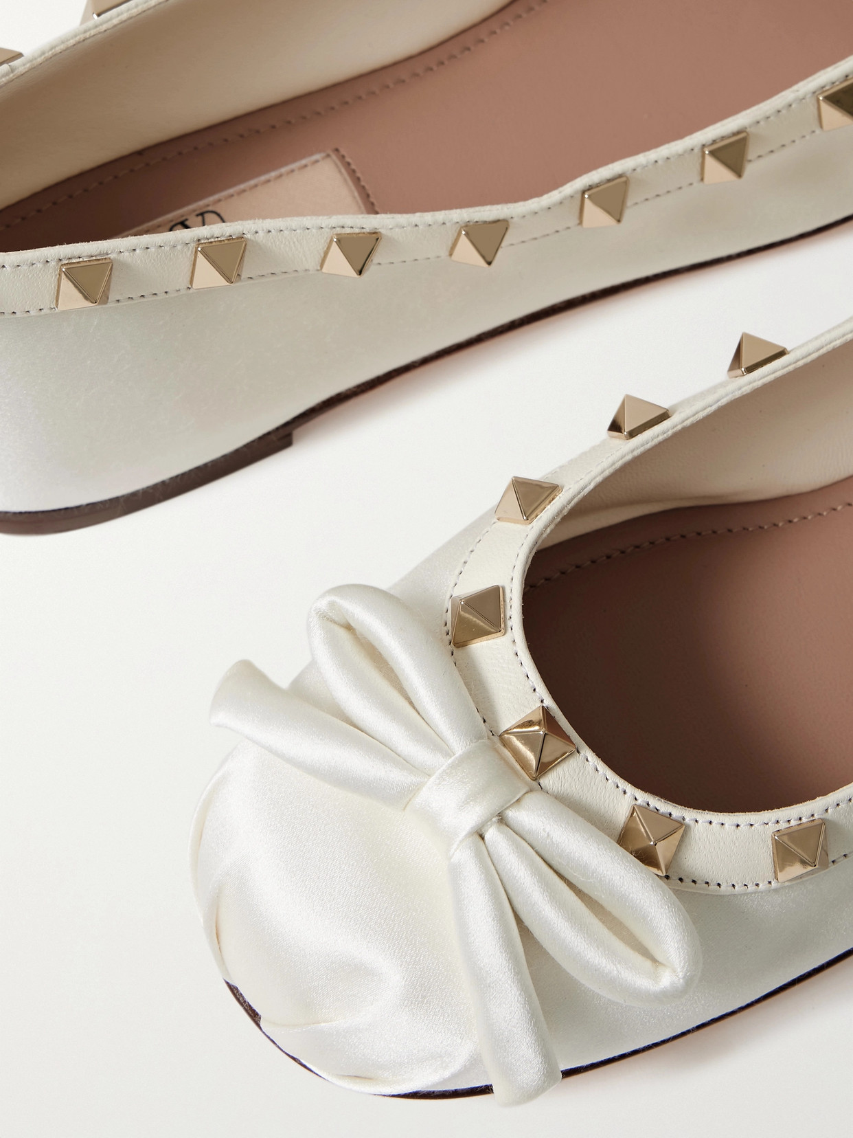 Valentino Rockstud Leather-trimmed Bow-embellished Satin Ballet Flats In White